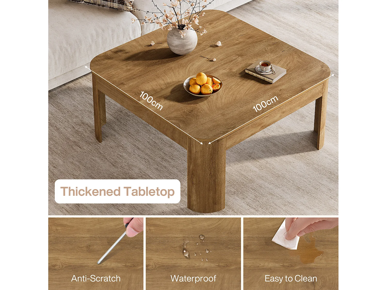 Table basse carrée, table centrale simple de 100 cm pour salon