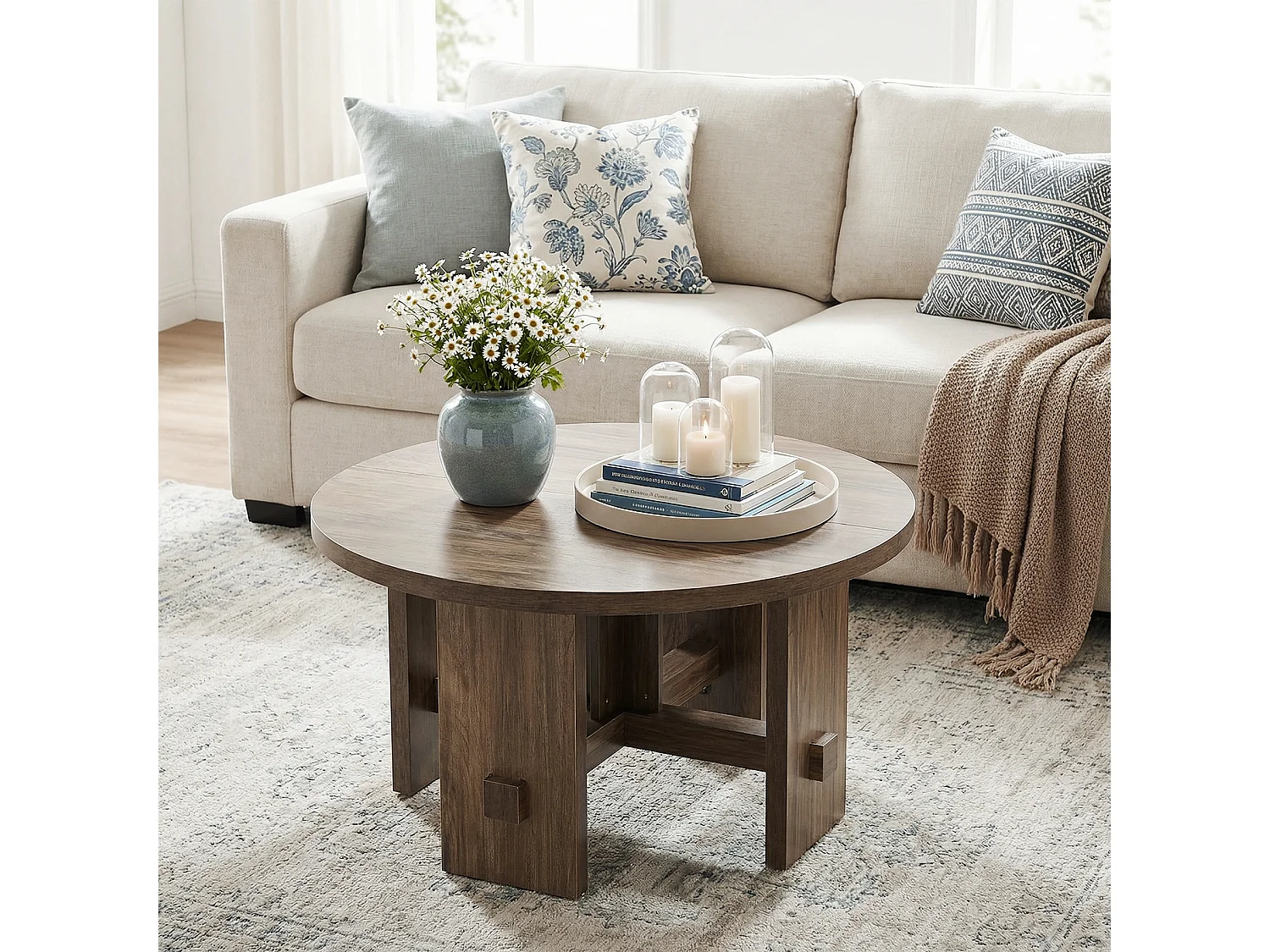 Table basse ronde avec pied central, petite table ronde de 80 cm