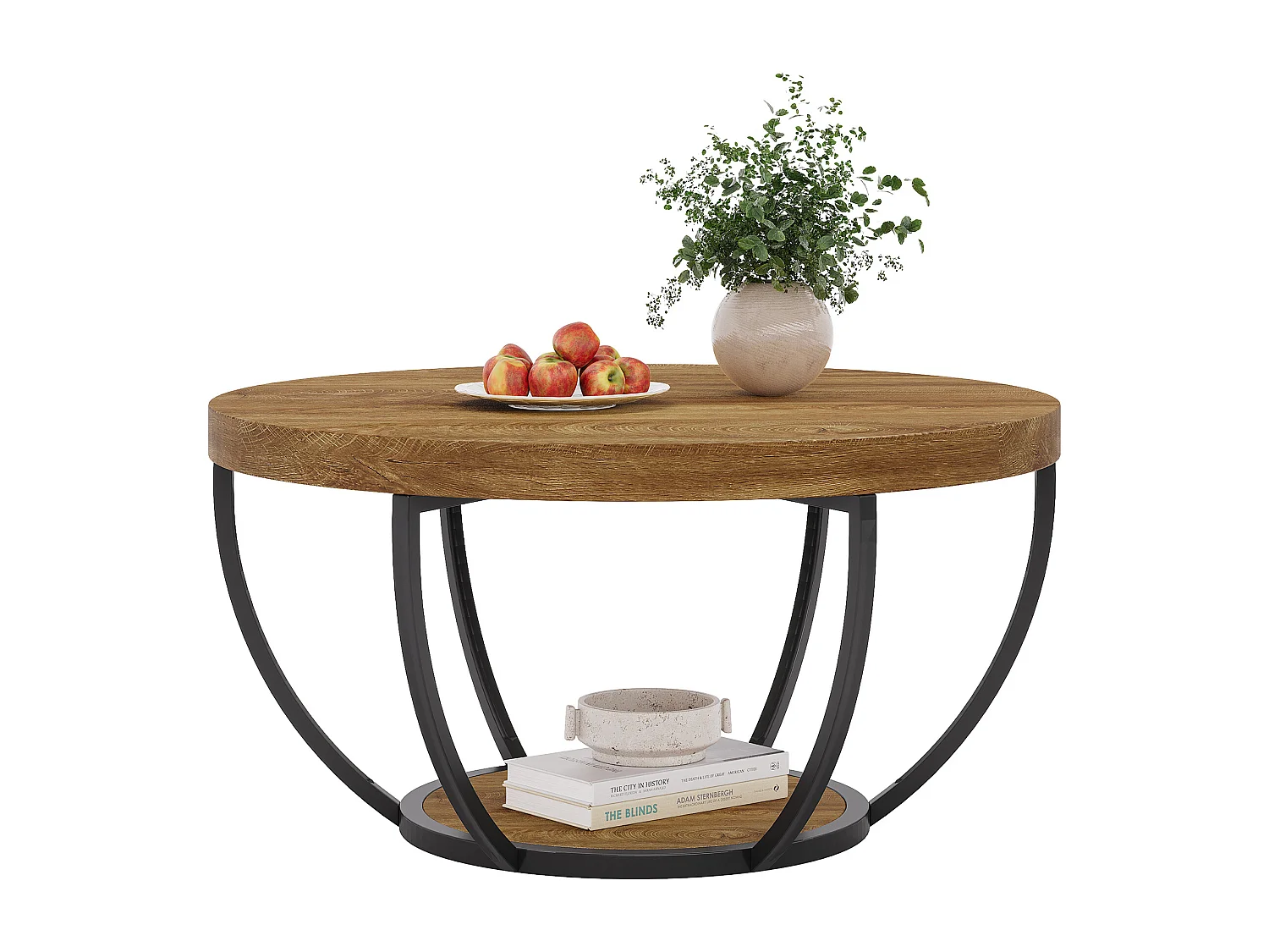 Table basse ronde, table basse ronde industrielle à 2 niveaux avec étagères de rangement