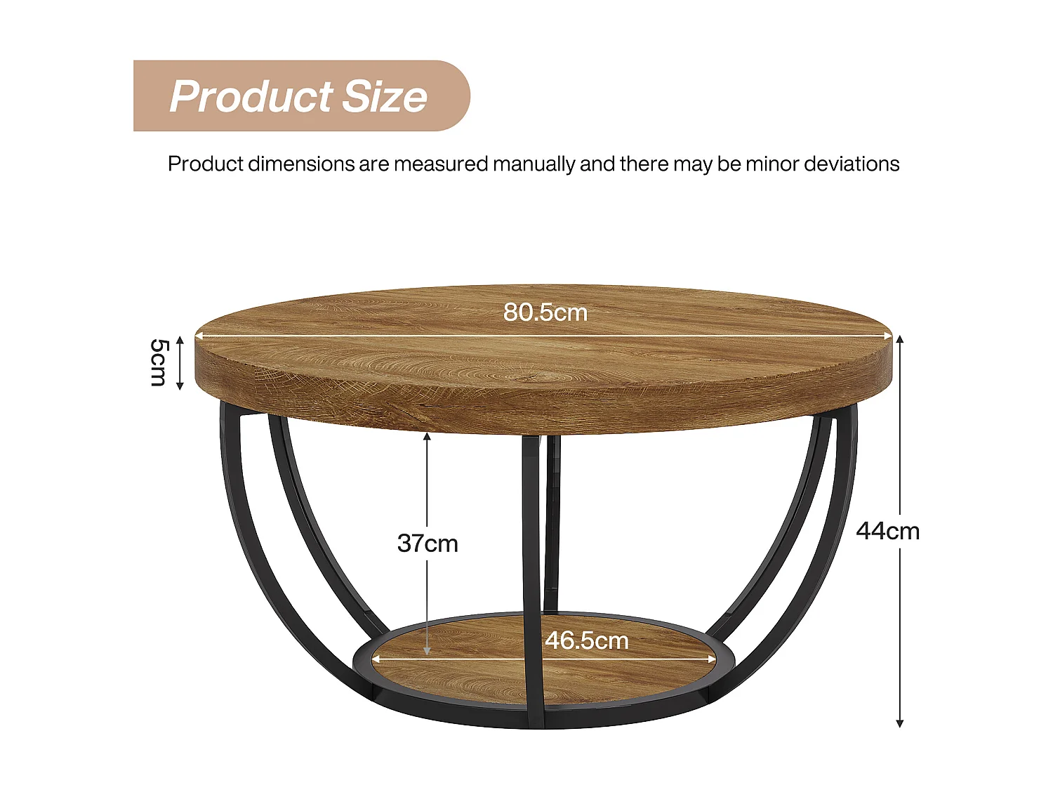Table basse ronde, table basse ronde industrielle à 2 niveaux avec étagères de rangement