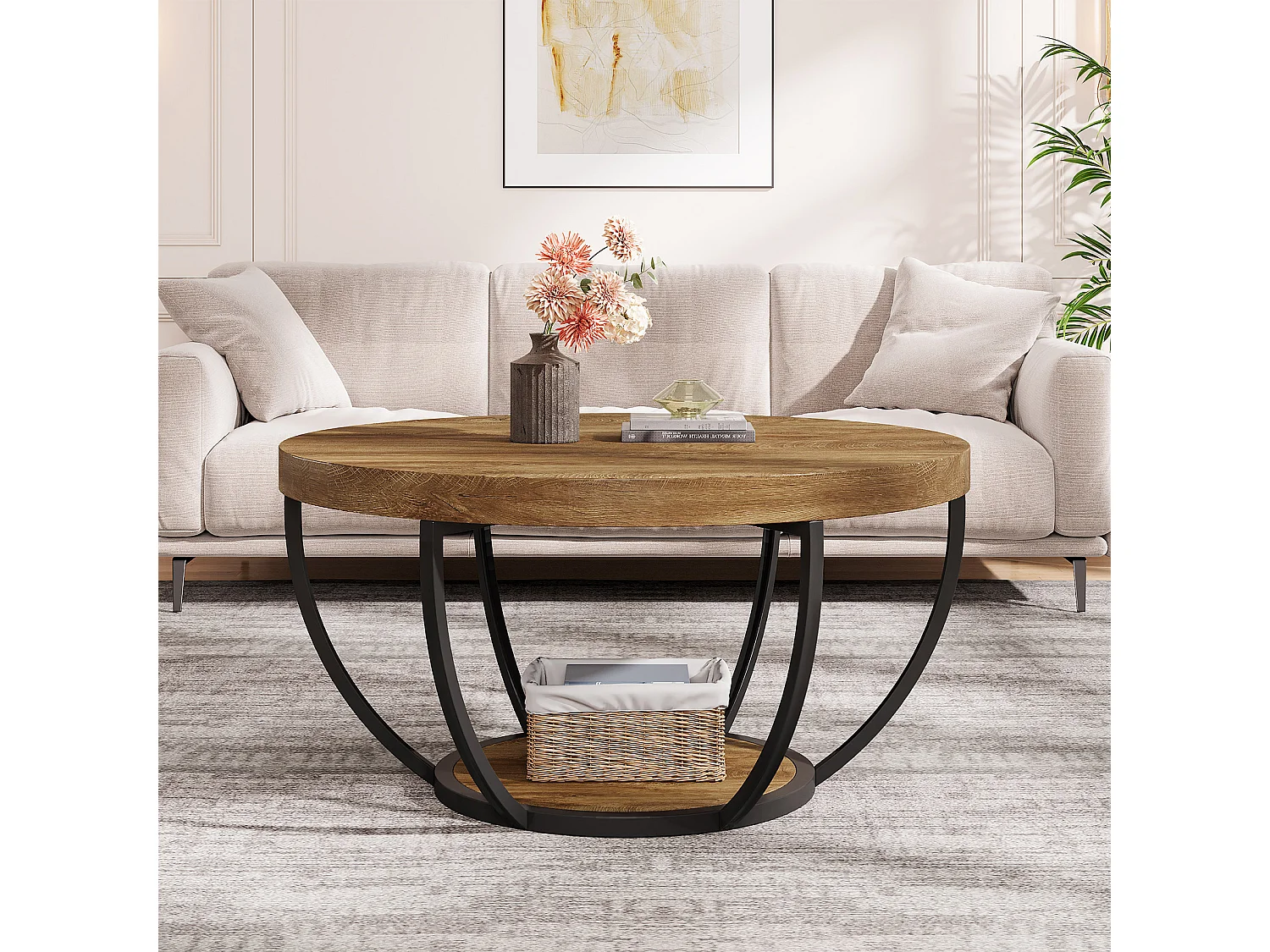 Table basse ronde, table basse ronde industrielle à 2 niveaux avec étagères de rangement