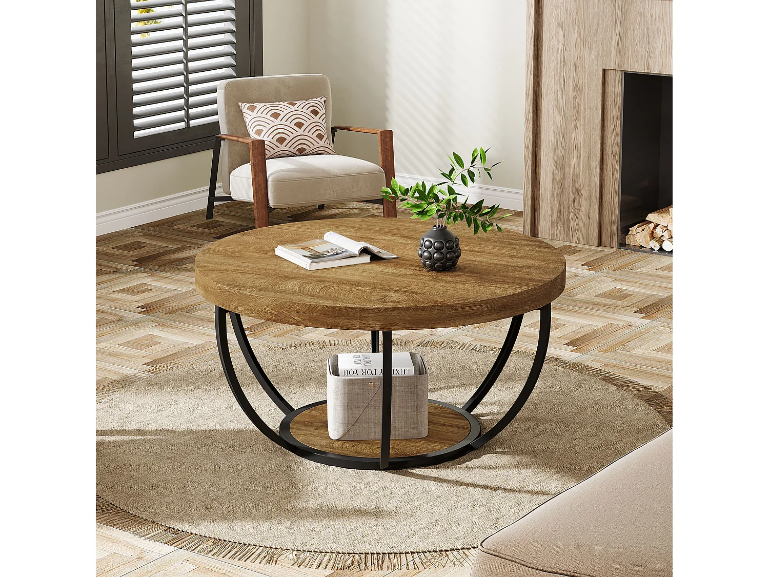 Table basse ronde, table basse ronde industrielle à 2 niveaux avec étagères de rangement