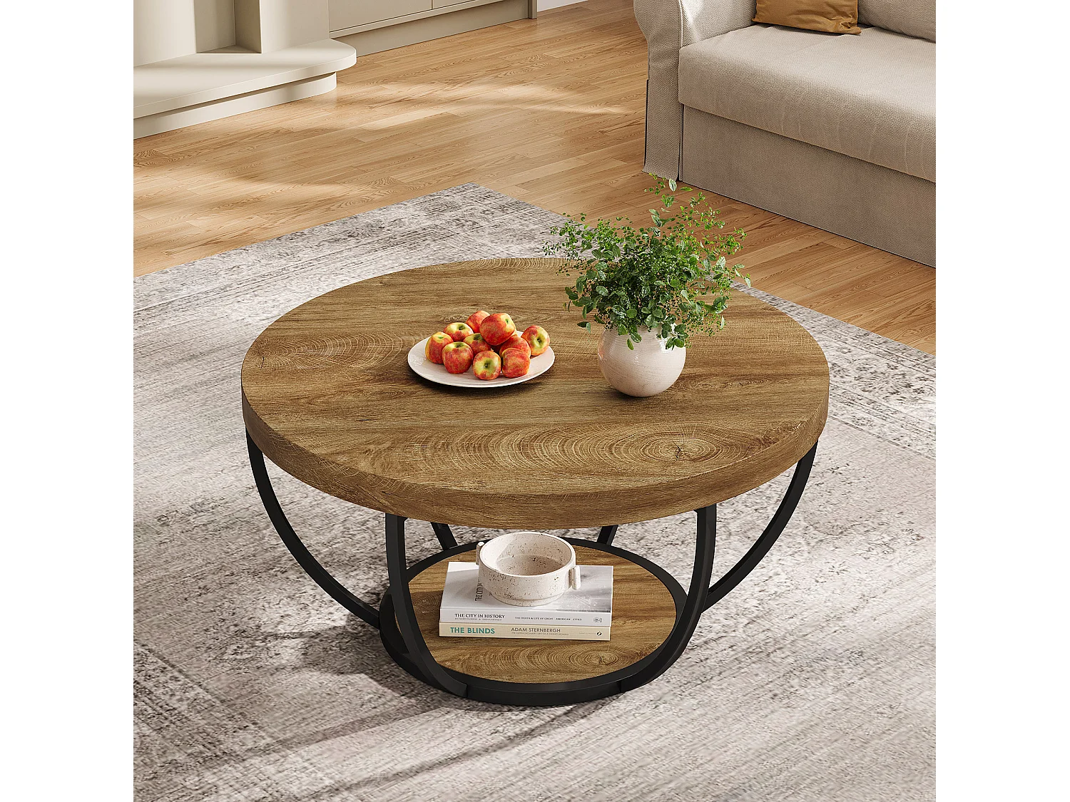 Table basse ronde, table basse ronde industrielle à 2 niveaux avec étagères de rangement