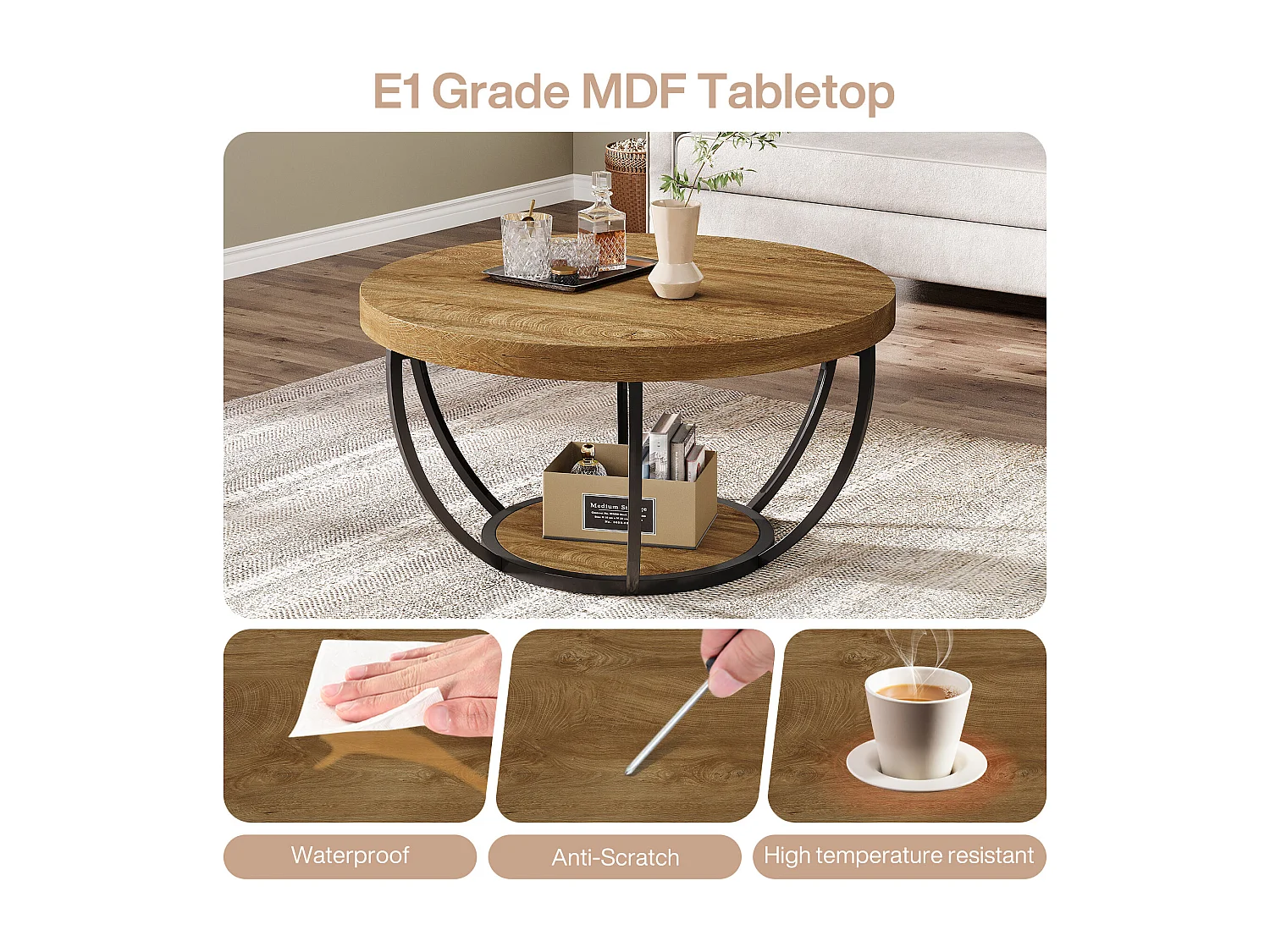 Table basse ronde, table basse ronde industrielle à 2 niveaux avec étagères de rangement