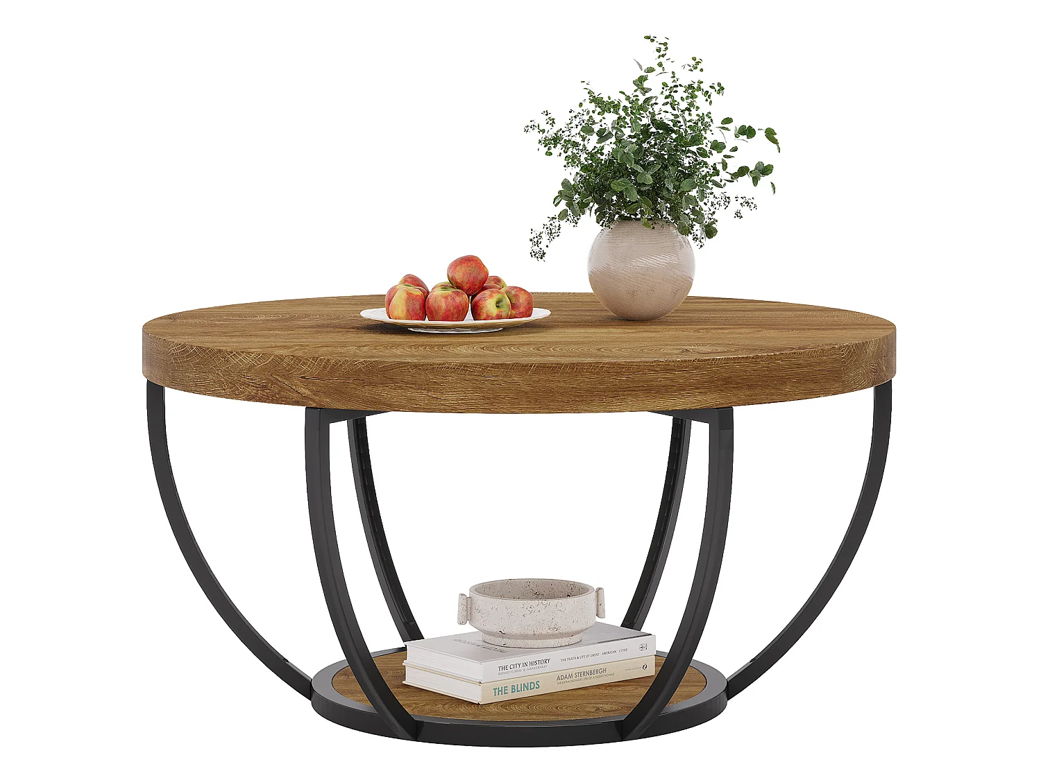Table basse ronde, table basse ronde industrielle à 2 niveaux avec étagères de rangement