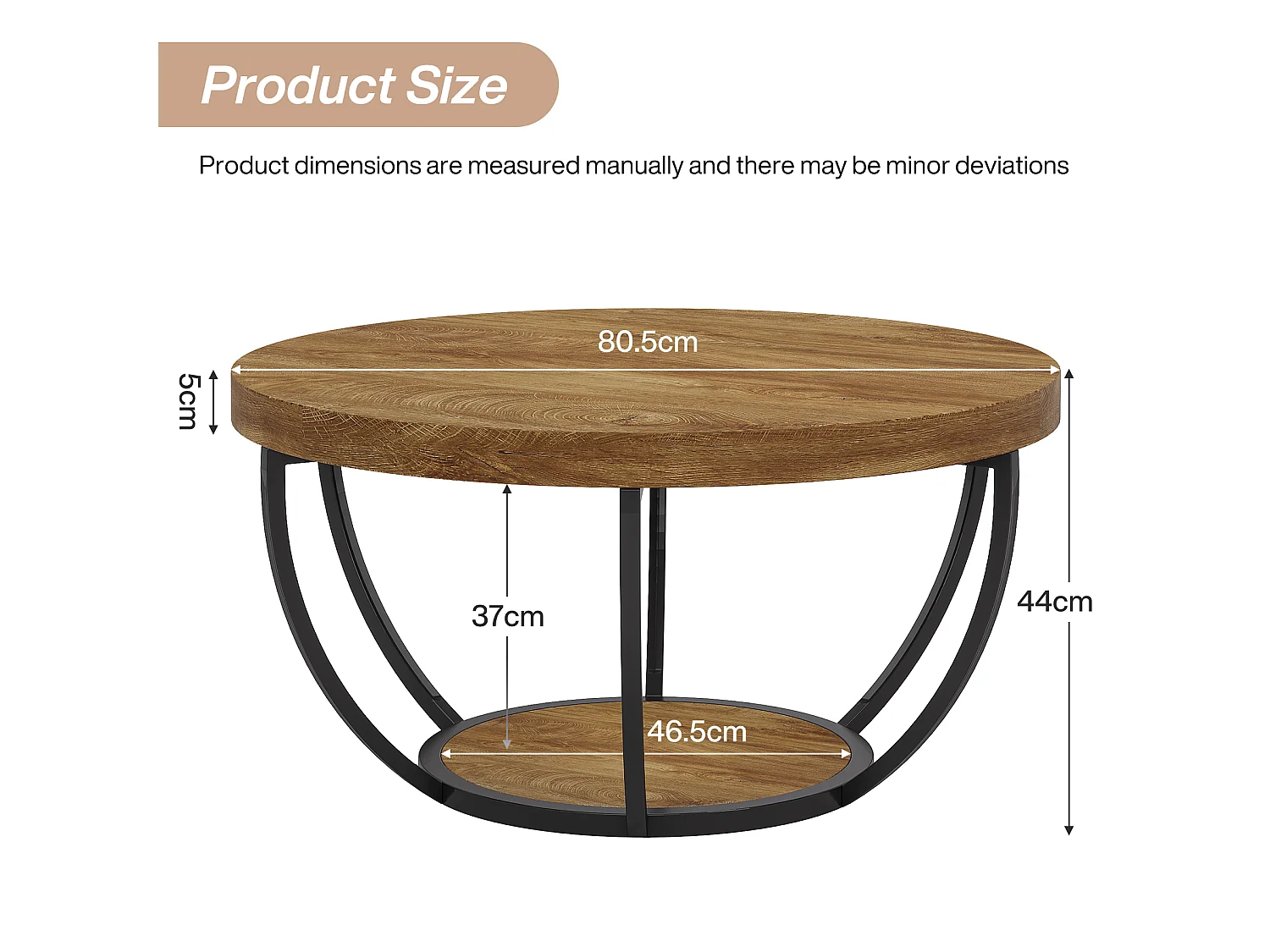 Table basse ronde, table basse ronde industrielle à 2 niveaux avec étagères de rangement