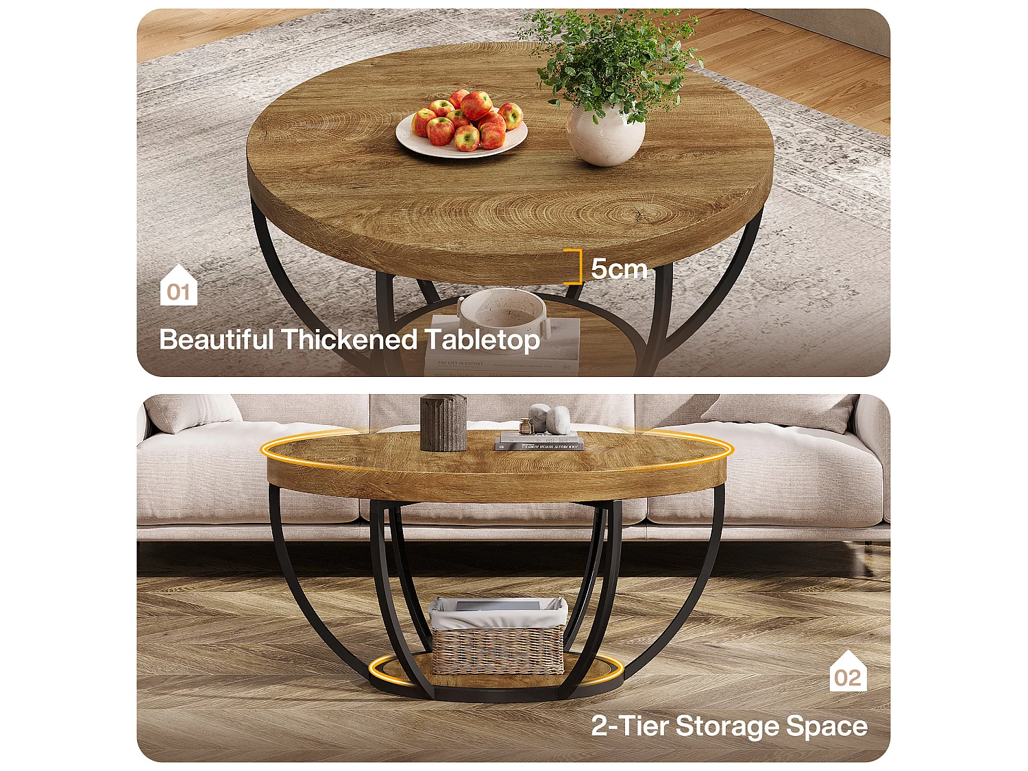 Table basse ronde, table basse ronde industrielle à 2 niveaux avec étagères de rangement