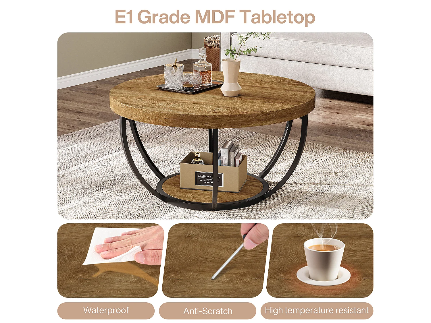 Table basse ronde, table basse ronde industrielle à 2 niveaux avec étagères de rangement