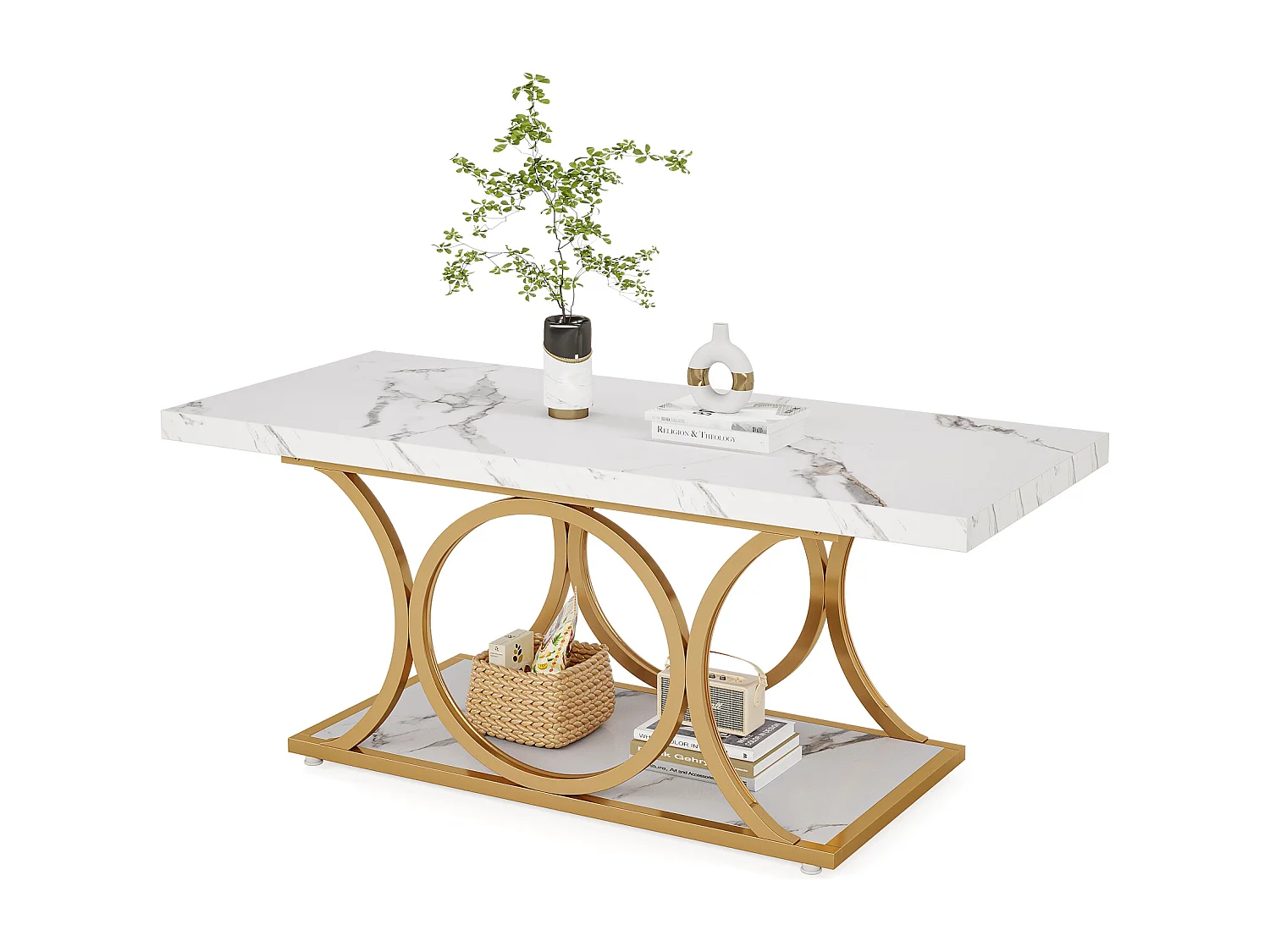 Table basse rectangulaire de 118 cm, placage imitation marbre, table basse moderne à 2 niveaux pour salon