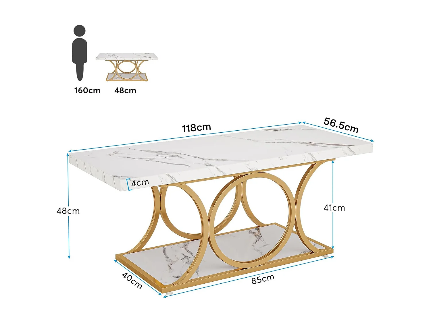 Table basse rectangulaire de 118 cm, placage imitation marbre, table basse moderne à 2 niveaux pour salon
