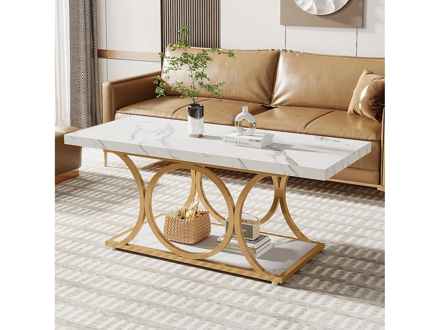 Table basse rectangulaire de 118 cm, placage imitation marbre, table basse moderne à 2 niveaux pour salon