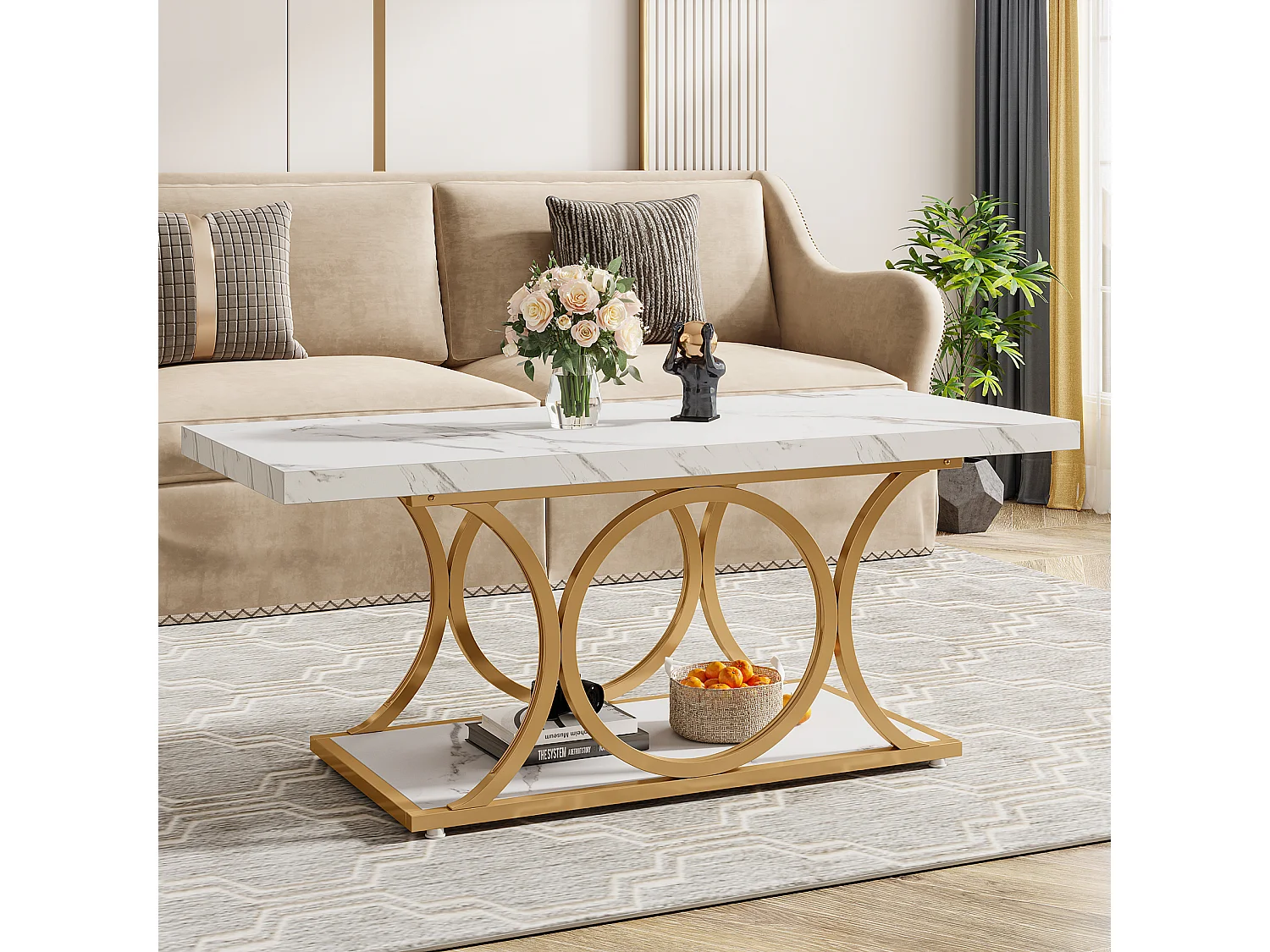 Table basse rectangulaire de 118 cm, placage imitation marbre, table basse moderne à 2 niveaux pour salon