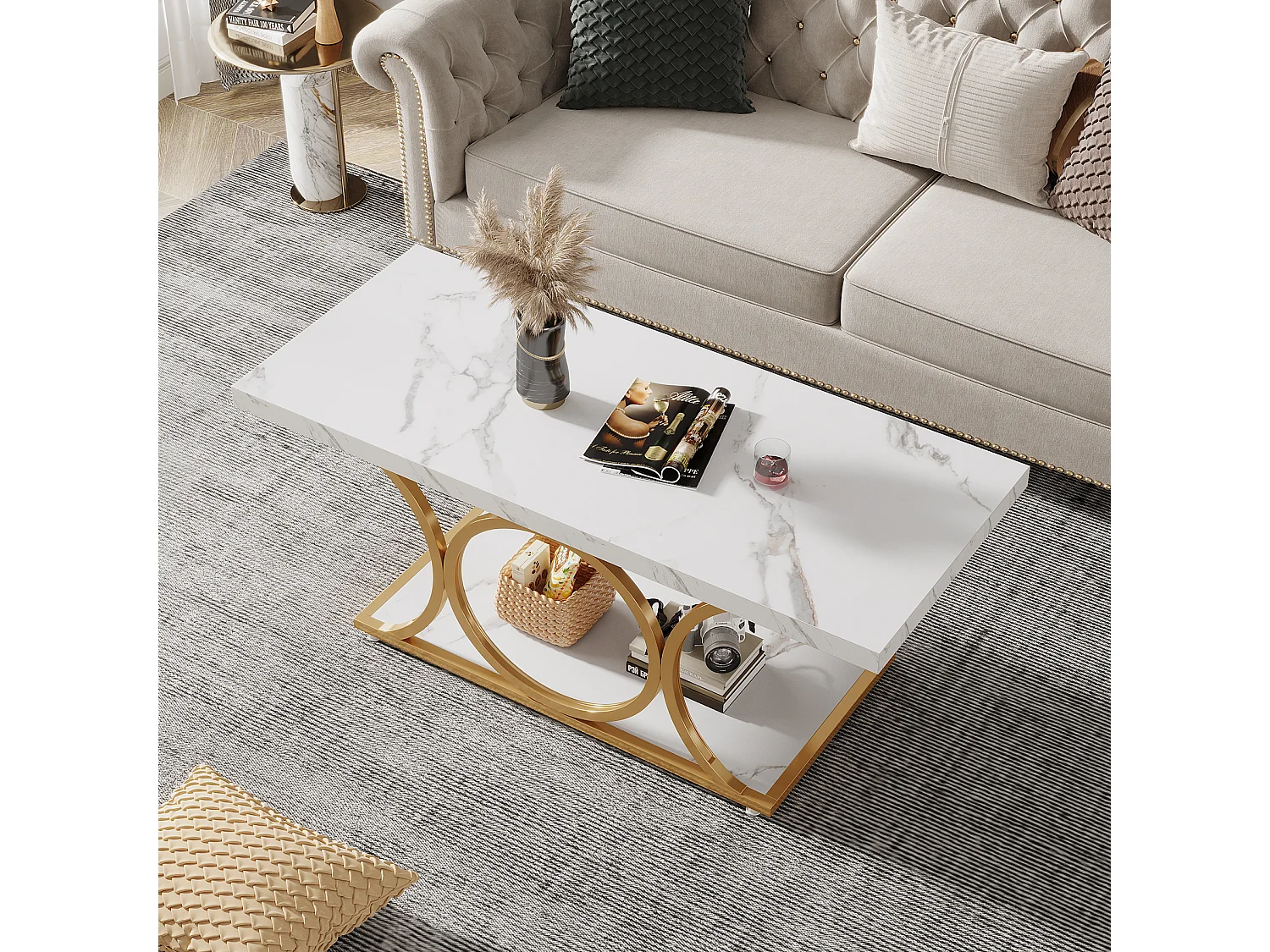 Table basse rectangulaire de 118 cm, placage imitation marbre, table basse moderne à 2 niveaux pour salon