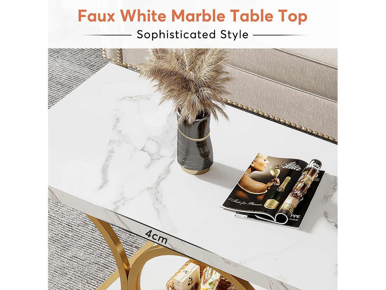 Table basse rectangulaire de 118 cm, placage imitation marbre, table basse moderne à 2 niveaux pour salon