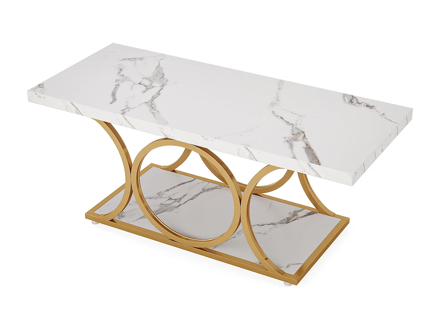 Table basse rectangulaire de 118 cm, placage imitation marbre, table basse moderne à 2 niveaux pour salon