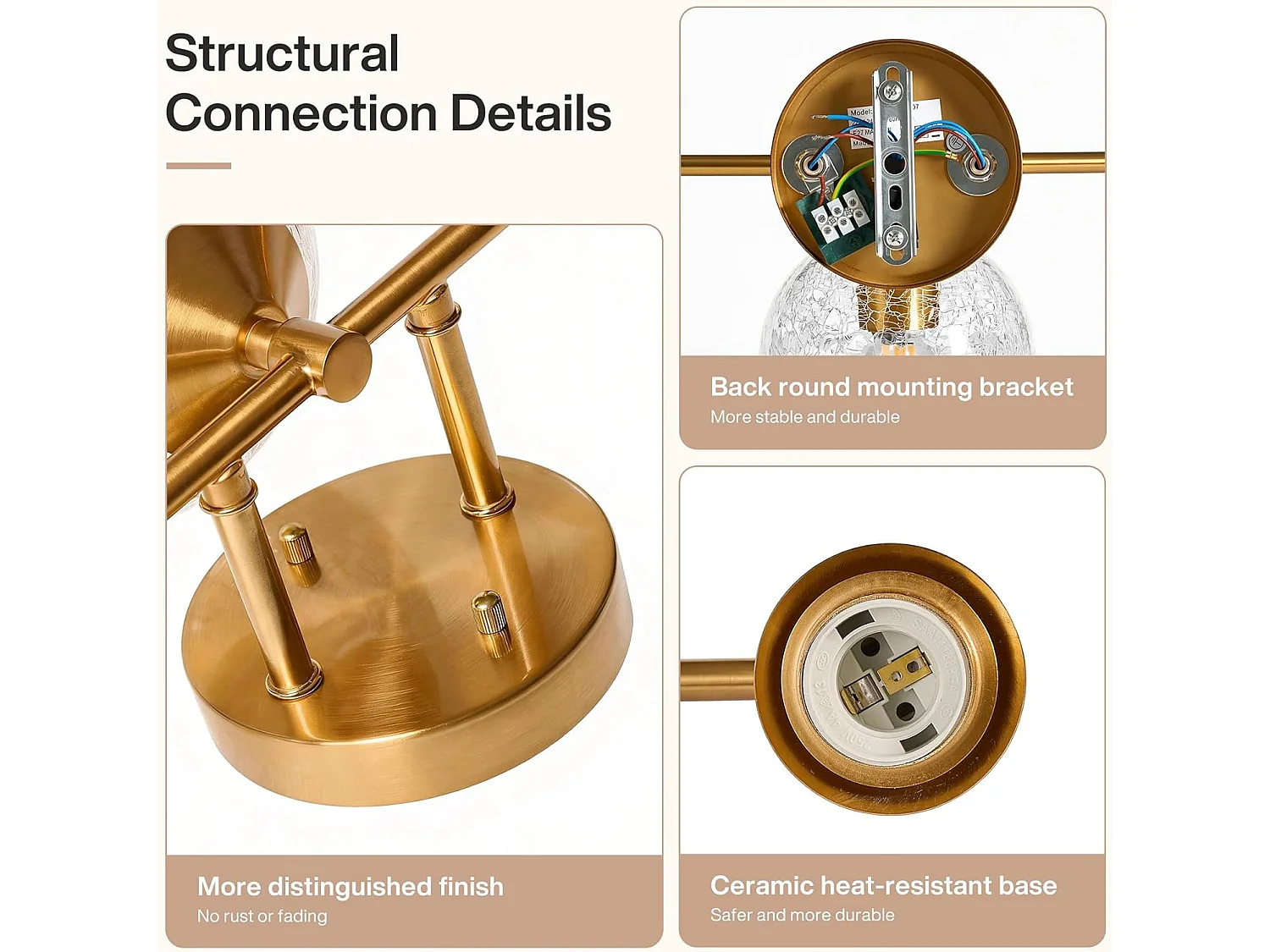 Apare de parede dourada, candeeiro de parede com 3 lâmpadas em vidro craquelado com casquilho E27