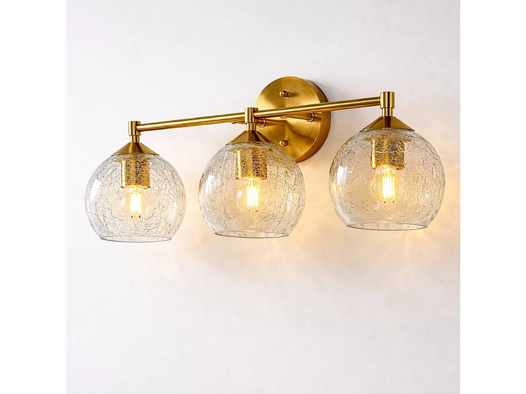 Applique Murale Moderne Dorée Salle de Bain, 3 Lumières avec Abat-jour en Verre Crackle, Lampe de Miroir pour Vasque avec Douille E27 et Ampoules Incluses, 43cm