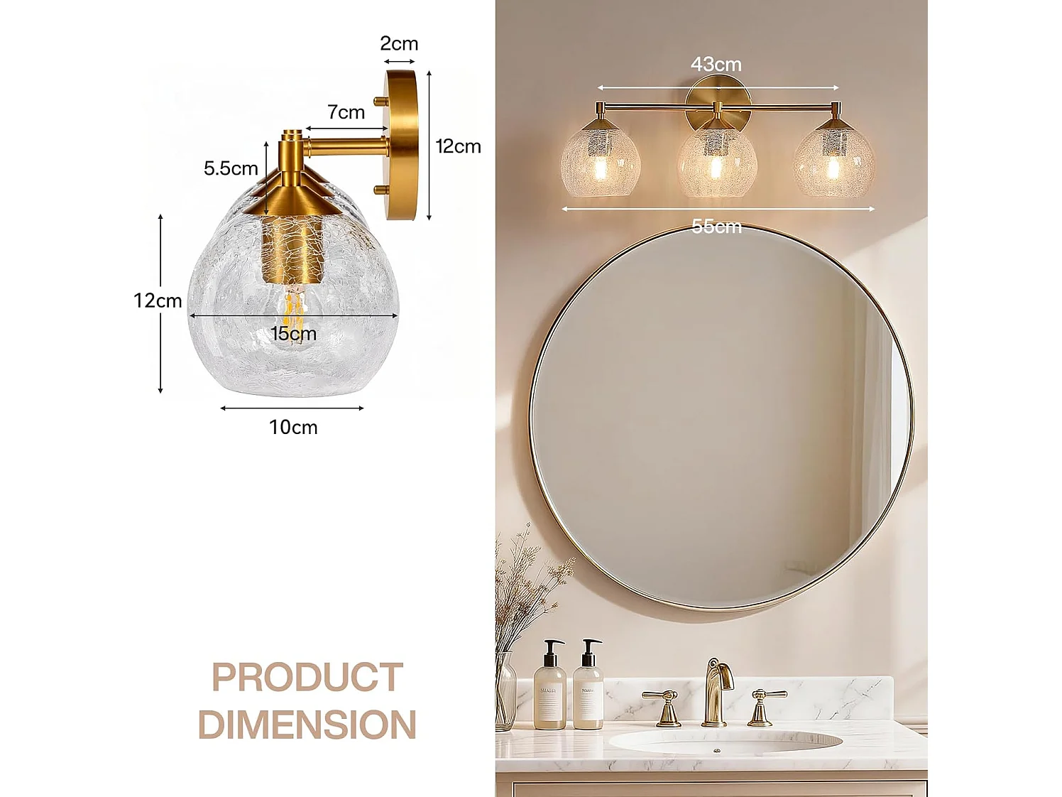 Applique Murale Moderne Dorée Salle de Bain, 3 Lumières avec Abat-jour en Verre Crackle, Lampe de Miroir pour Vasque avec Douille E27 et Ampoules Incluses, 43cm