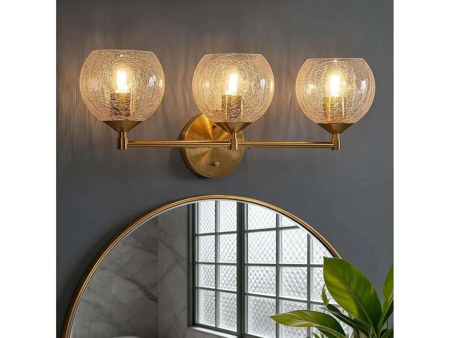 Applique Murale Moderne Dorée Salle de Bain, 3 Lumières avec Abat-jour en Verre Crackle, Lampe de Miroir pour Vasque avec Douille E27 et Ampoules Incluses, 43cm