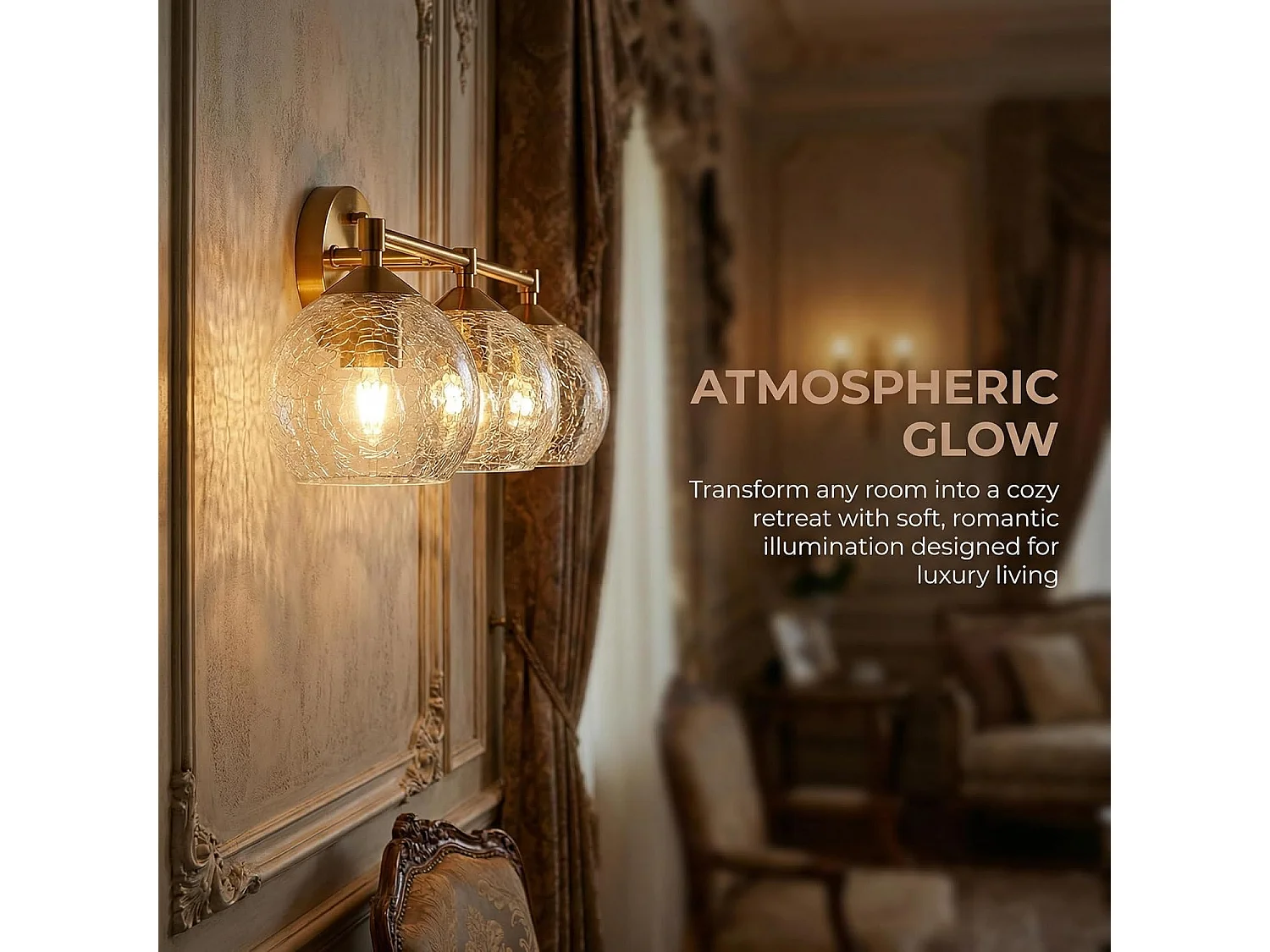 Applique Murale Moderne Dorée Salle de Bain, 3 Lumières avec Abat-jour en Verre Crackle, Lampe de Miroir pour Vasque avec Douille E27 et Ampoules Incluses, 43cm