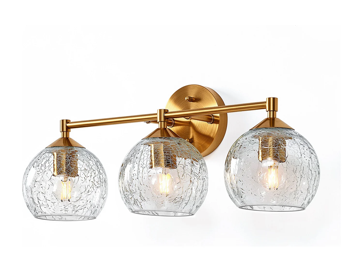 Applique Murale Moderne Dorée Salle de Bain, 3 Lumières avec Abat-jour en Verre Crackle, Lampe de Miroir pour Vasque avec Douille E27 et Ampoules Incluses, 43cm