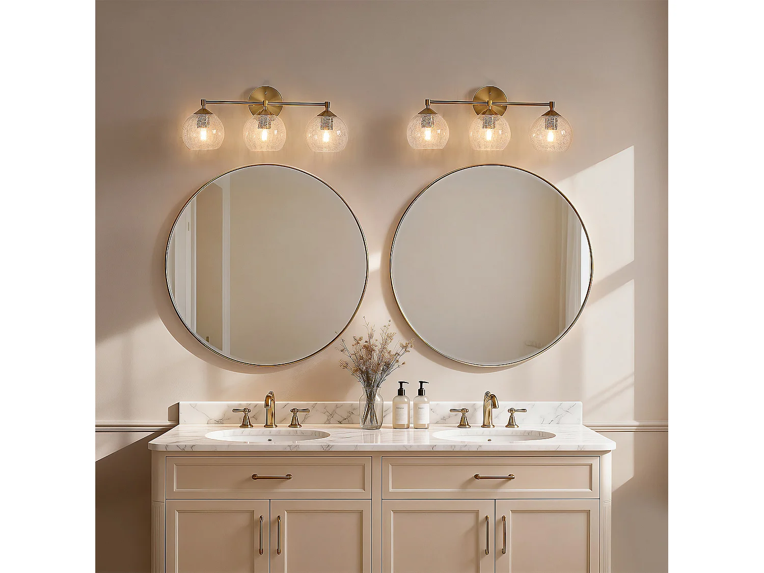 Applique Murale Moderne Dorée Salle de Bain, 3 Lumières avec Abat-jour en Verre Crackle, Lampe de Miroir pour Vasque avec Douille E27 et Ampoules Incluses, 43cm