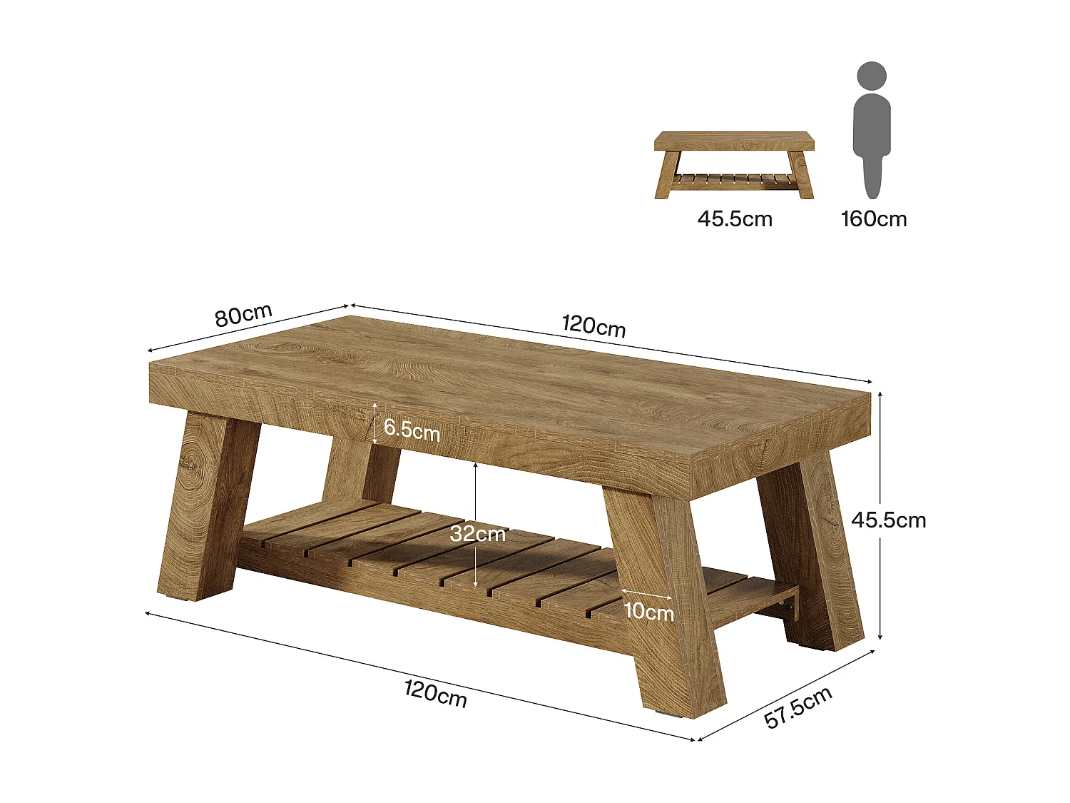 Table basse rectangulaire rustique avec rangement à 2 niveaux, 120 × 60 × 45 cm