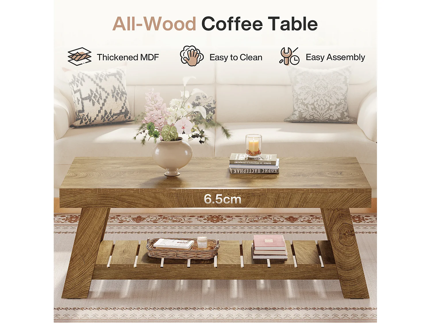 Table basse rectangulaire rustique avec rangement à 2 niveaux, 120 × 60 × 45 cm