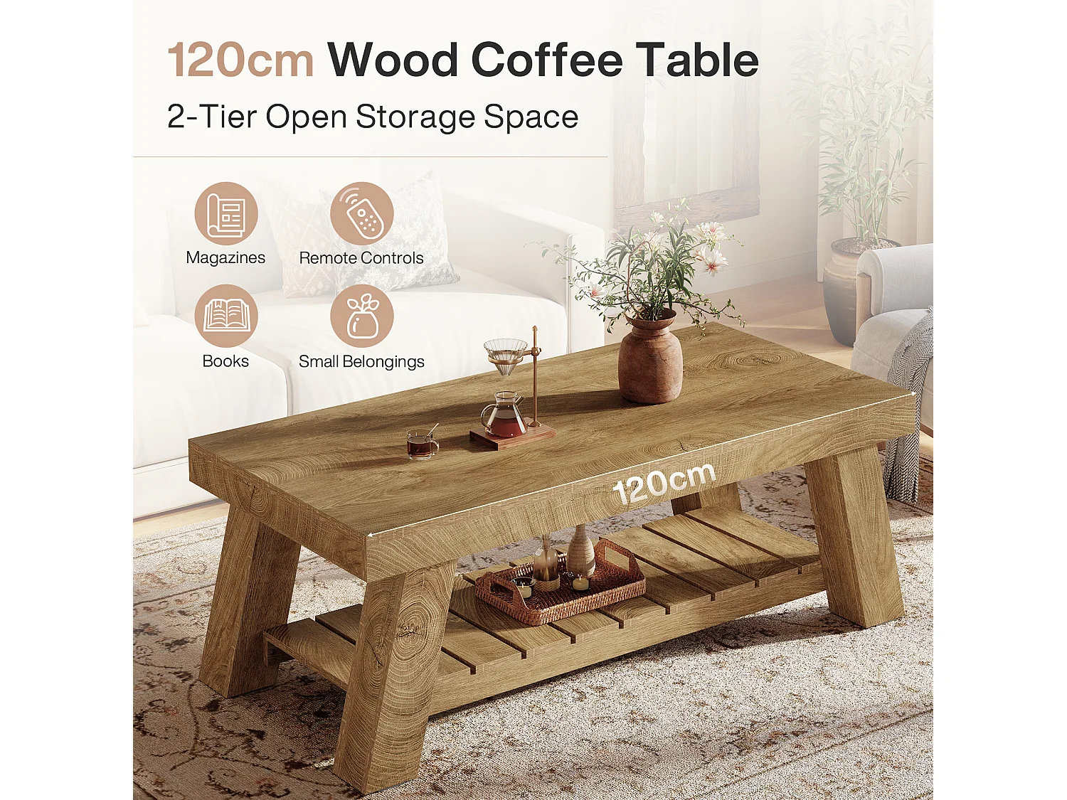 Table basse rectangulaire rustique avec rangement à 2 niveaux, 120 × 60 × 45 cm
