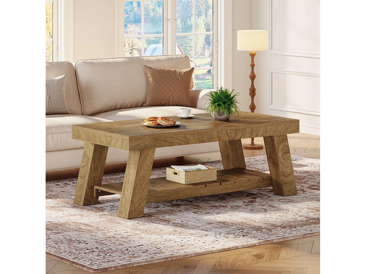 Table basse rectangulaire rustique avec rangement à 2 niveaux, 120 × 60 × 45 cm