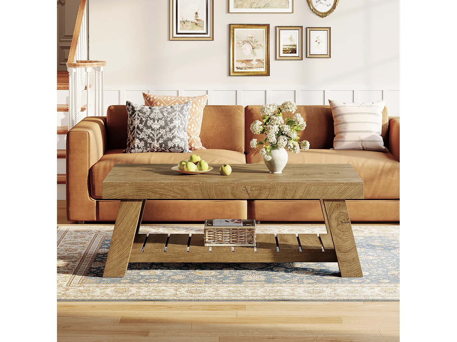 Table basse rectangulaire rustique avec rangement à 2 niveaux, 120 × 60 × 45 cm