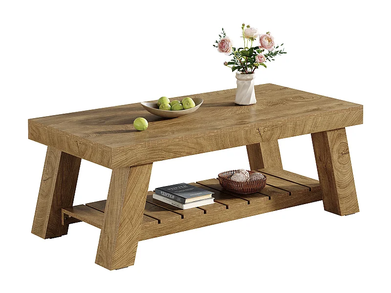 Table basse rectangulaire rustique avec rangement à 2 niveaux, 120 × 60 × 45 cm