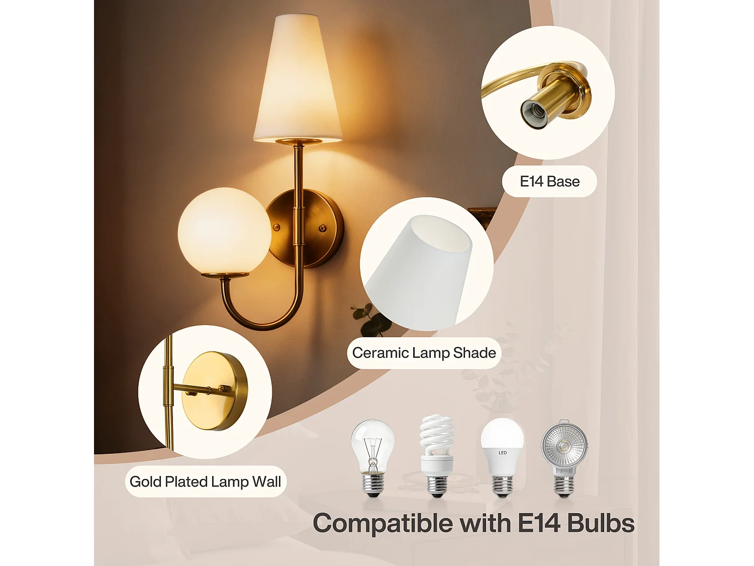 Applique murale d'intérieur, lampe murale dorée avec abat-jour en verre dépoli, applique murale vintage pour chambre à coucher, couloir, ampoules E14x2 incluses