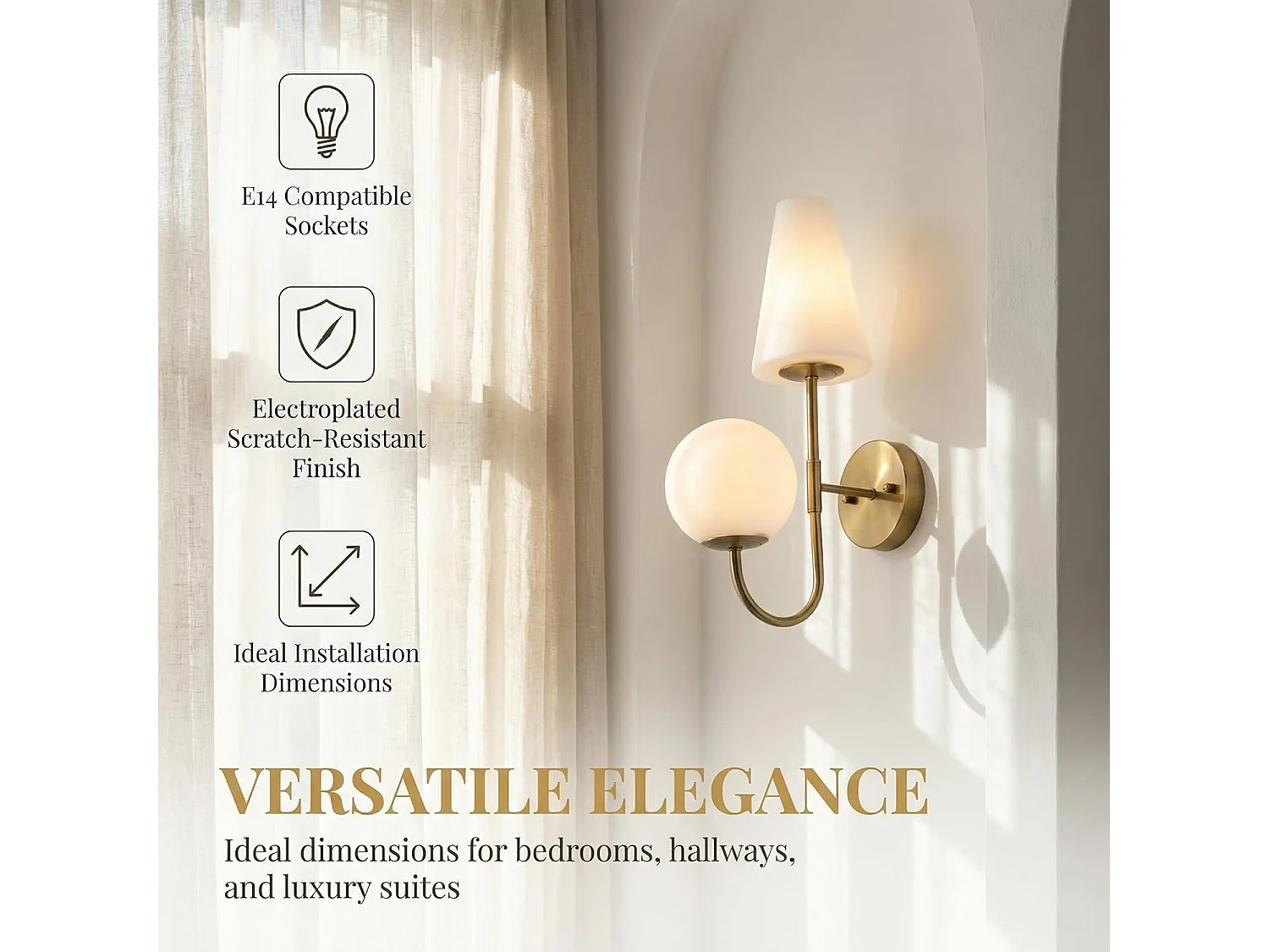 Applique murale d'intérieur, lampe murale dorée avec abat-jour en verre dépoli, applique murale vintage pour chambre à coucher, couloir, ampoules E14x2 incluses