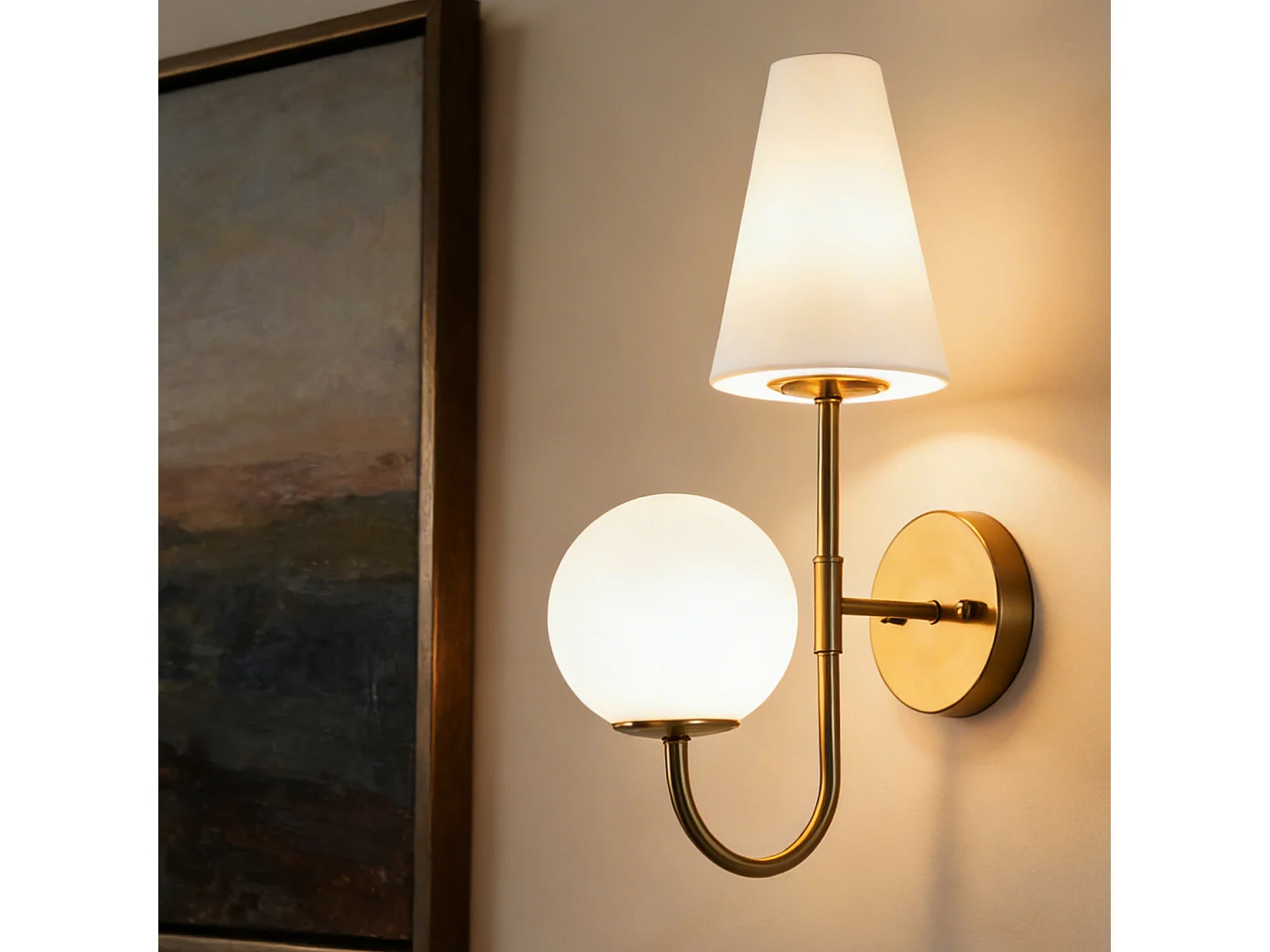 Applique murale d'intérieur, lampe murale dorée avec abat-jour en verre dépoli, applique murale vintage pour chambre à coucher, couloir, ampoules E14x2 incluses