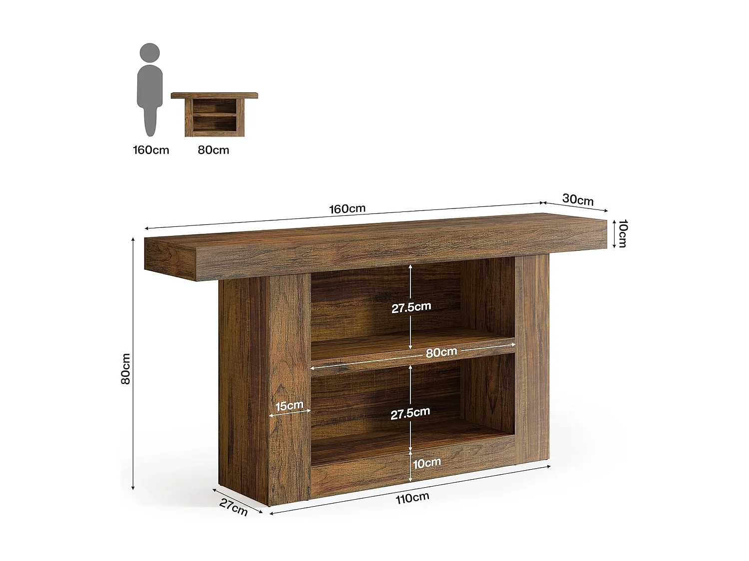 Mesa de Console com Armazenamento, Mesa de Entrada Rural de 3 Andares com Base em Forma de U, 160cm