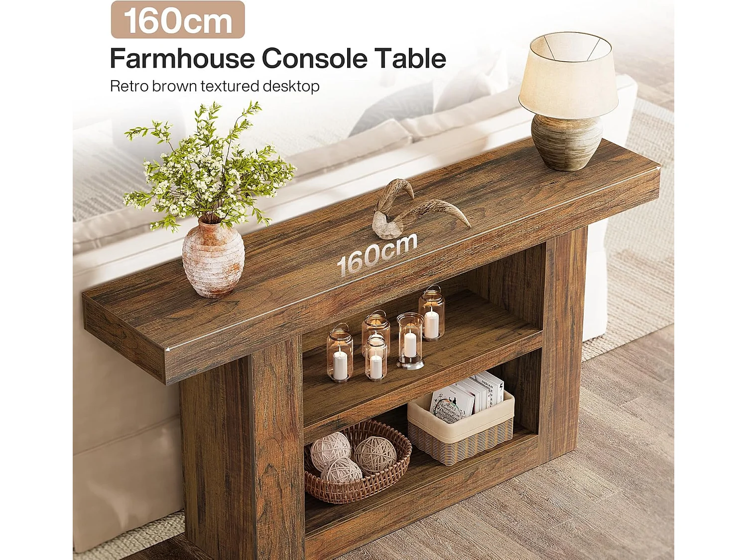 Mesa de Console com Armazenamento, Mesa de Entrada Rural de 3 Andares com Base em Forma de U, 160cm