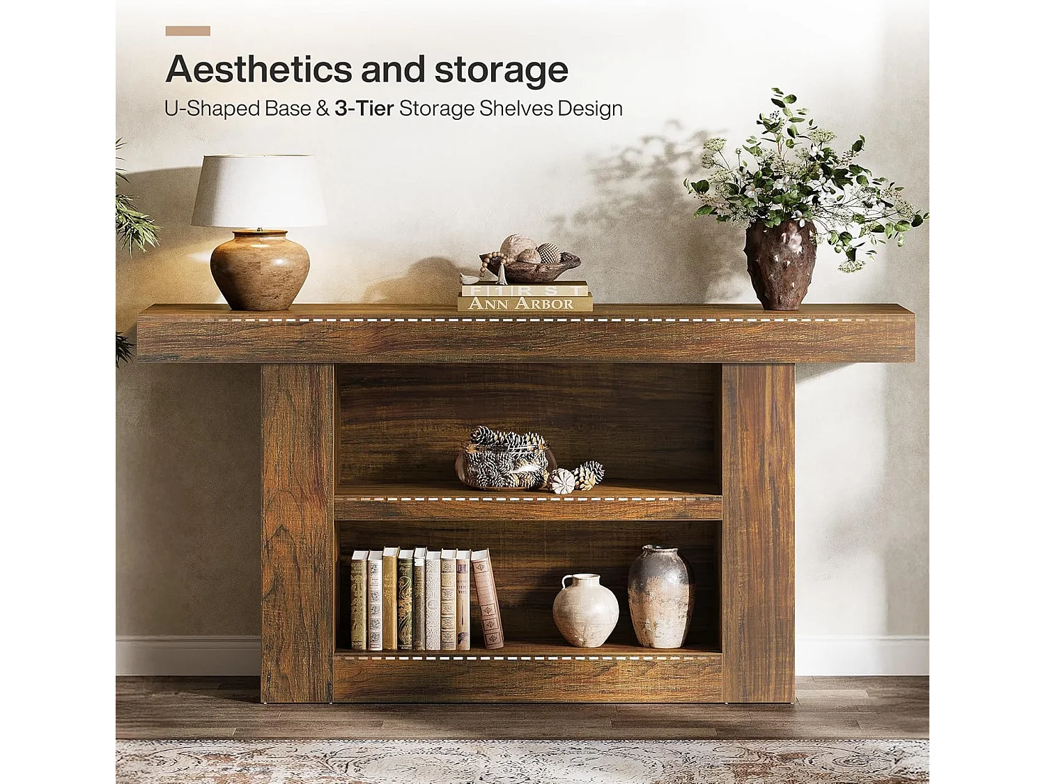 Mesa de Console com Armazenamento, Mesa de Entrada Rural de 3 Andares com Base em Forma de U, 160cm