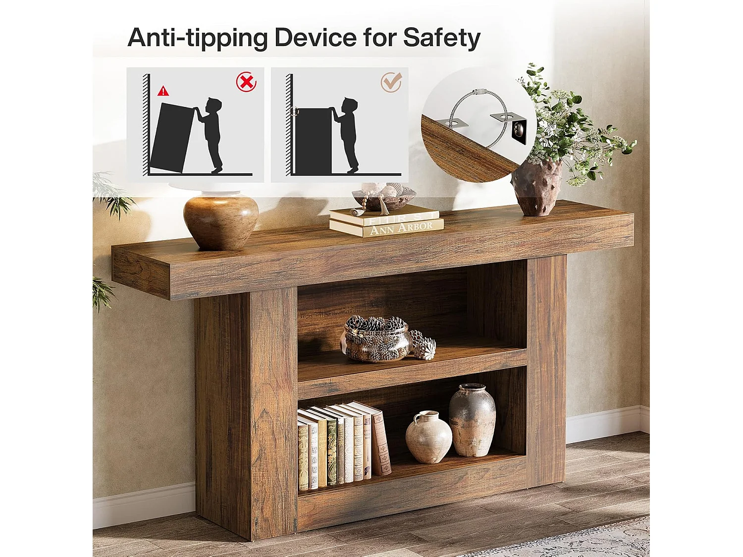 Mesa de Console com Armazenamento, Mesa de Entrada Rural de 3 Andares com Base em Forma de U, 160cm