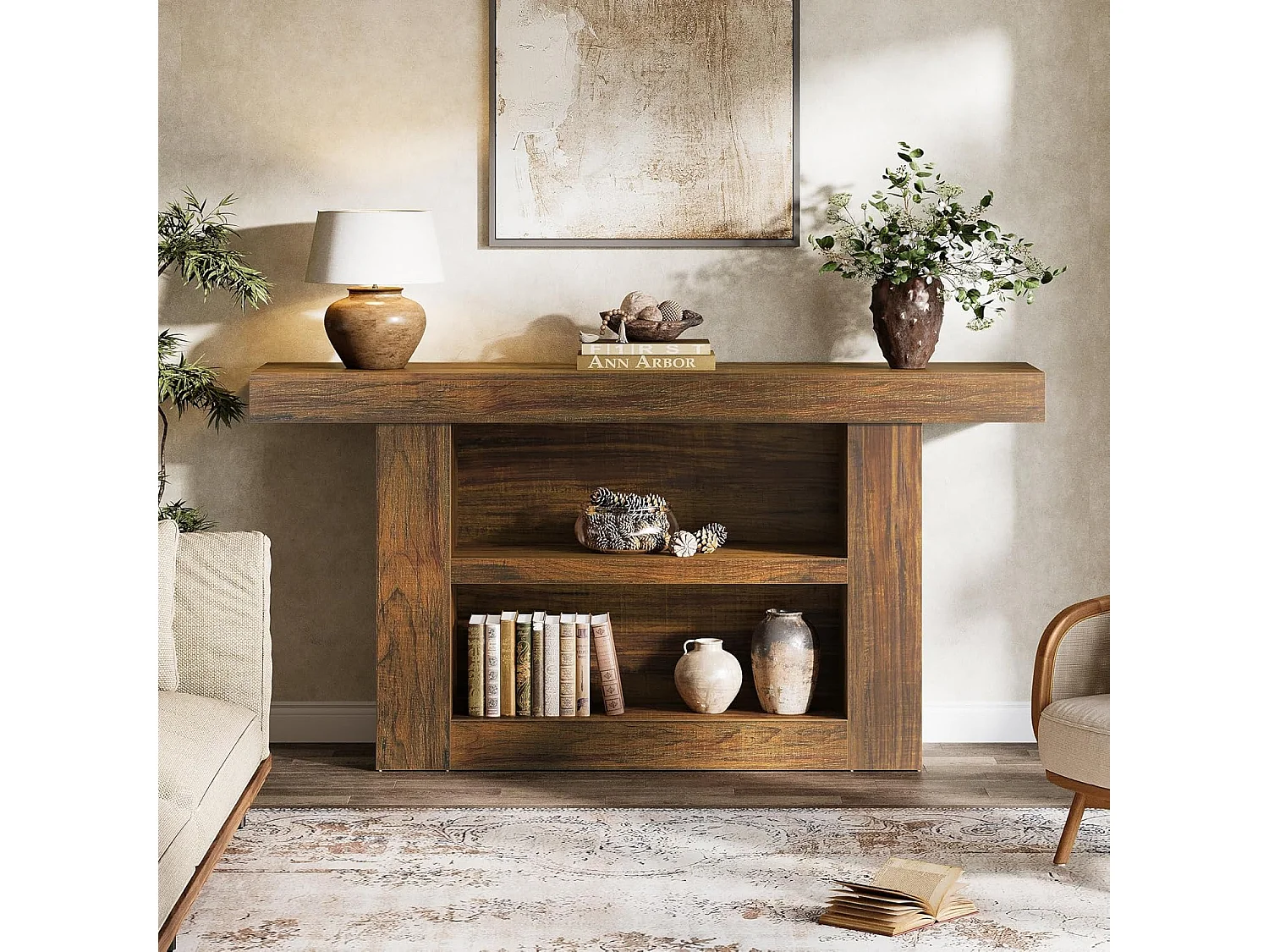 Mesa de Console com Armazenamento, Mesa de Entrada Rural de 3 Andares com Base em Forma de U, 160cm