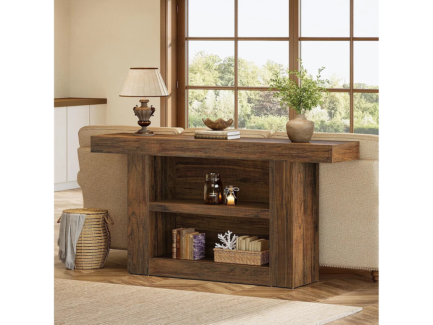 Mesa de Console com Armazenamento, Mesa de Entrada Rural de 3 Andares com Base em Forma de U, 160cm