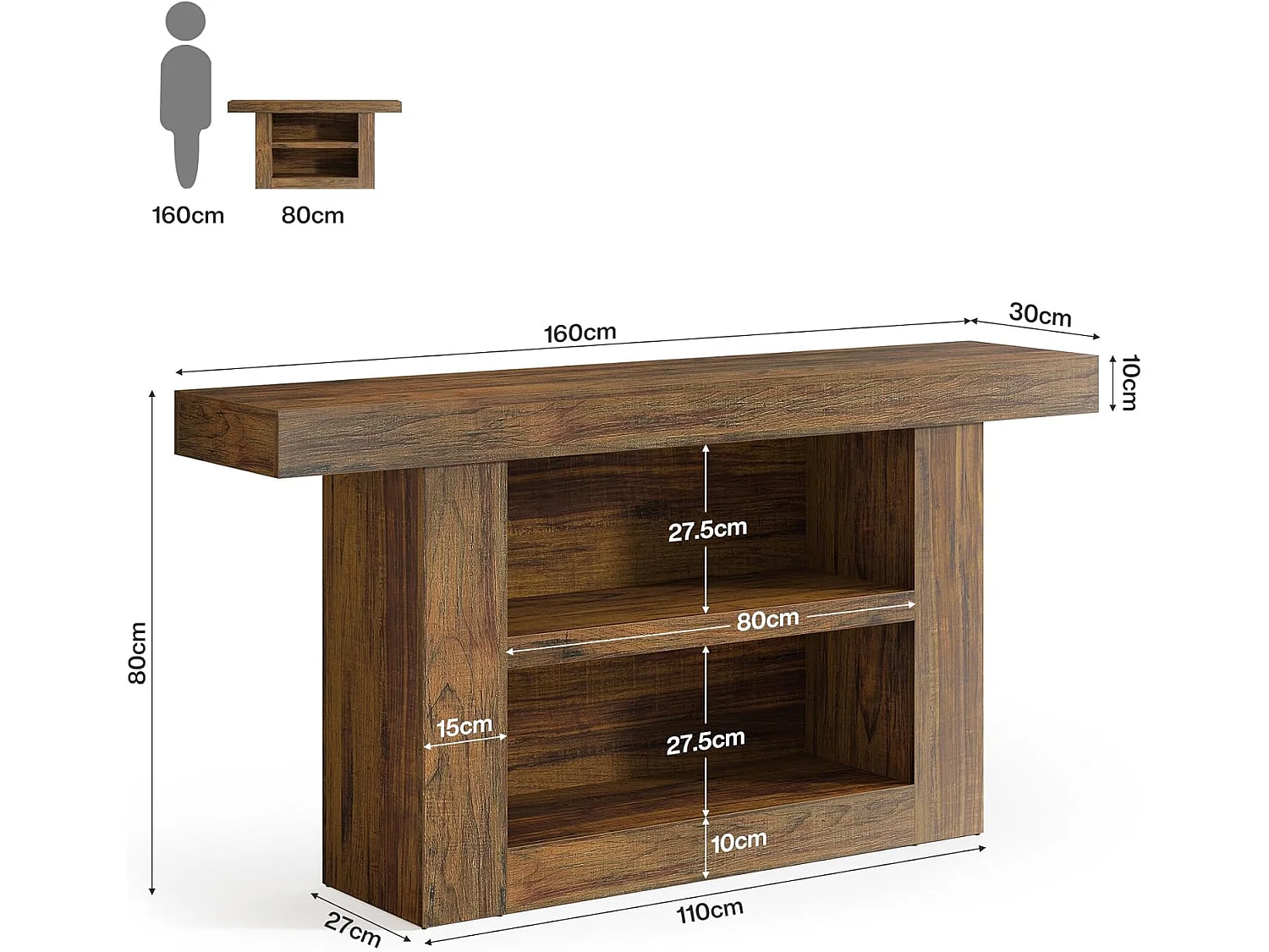 Mesa de Console com Armazenamento, Mesa de Entrada Rural de 3 Andares com Base em Forma de U, 160cm