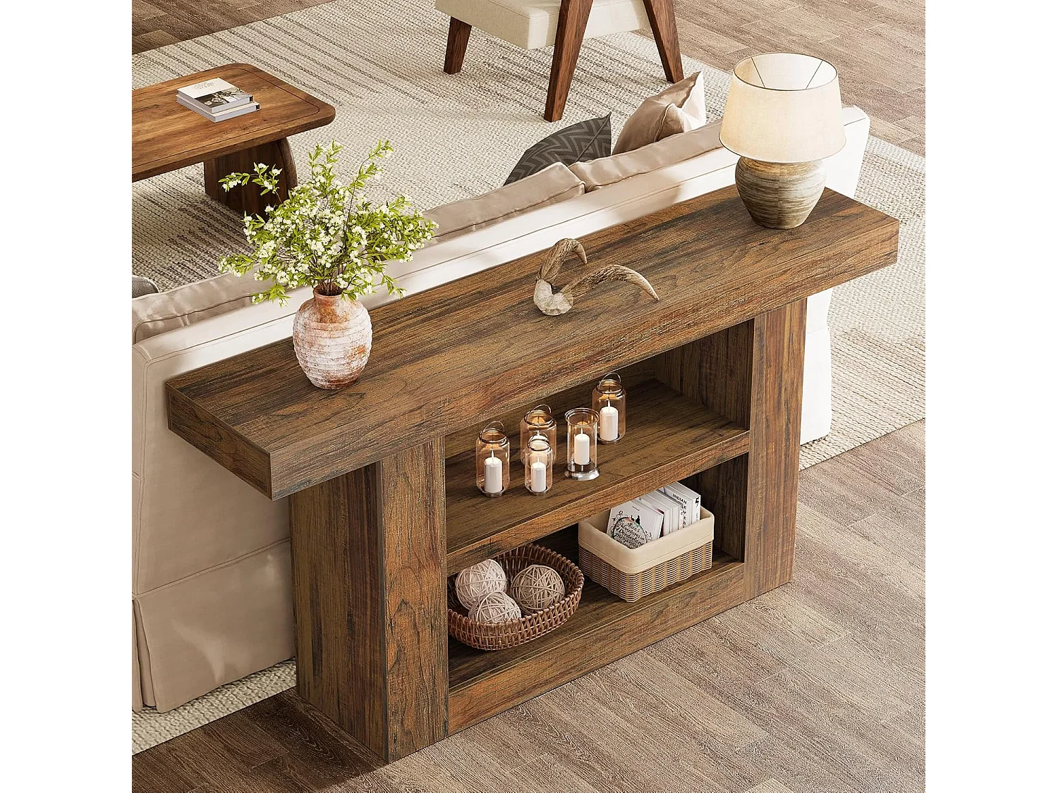 Mesa de Console com Armazenamento, Mesa de Entrada Rural de 3 Andares com Base em Forma de U, 160cm