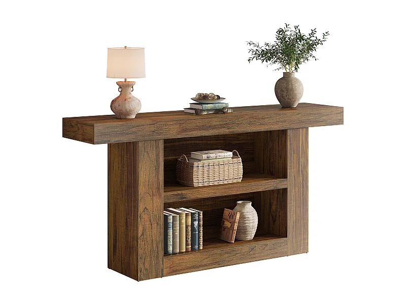 Mesa de Console com Armazenamento, Mesa de Entrada Rural de 3 Andares com Base em Forma de U, 160cm
