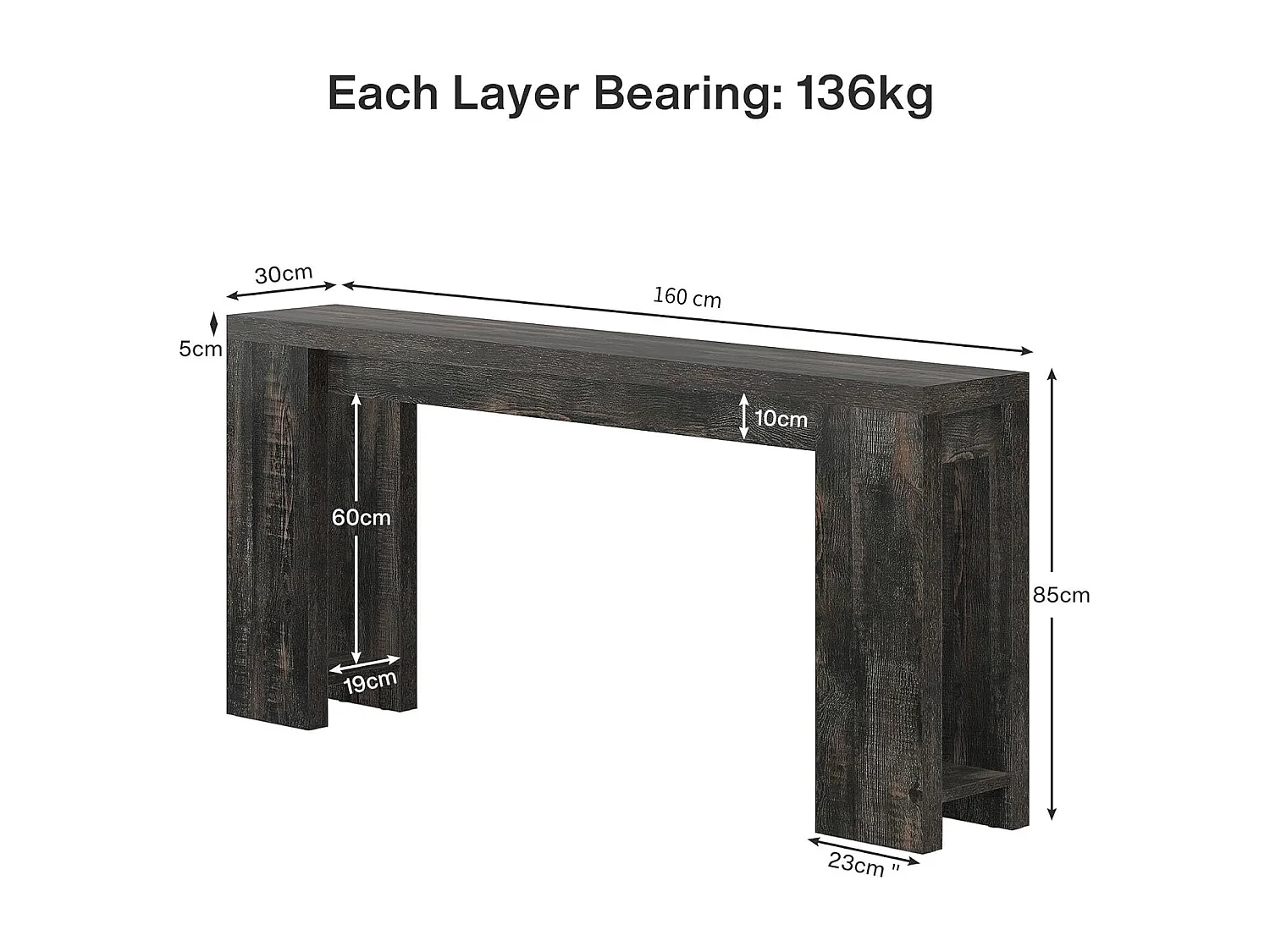 Mesa consola extra larga de 160 cm, mesa de sofá rústica detrás del sofá negra