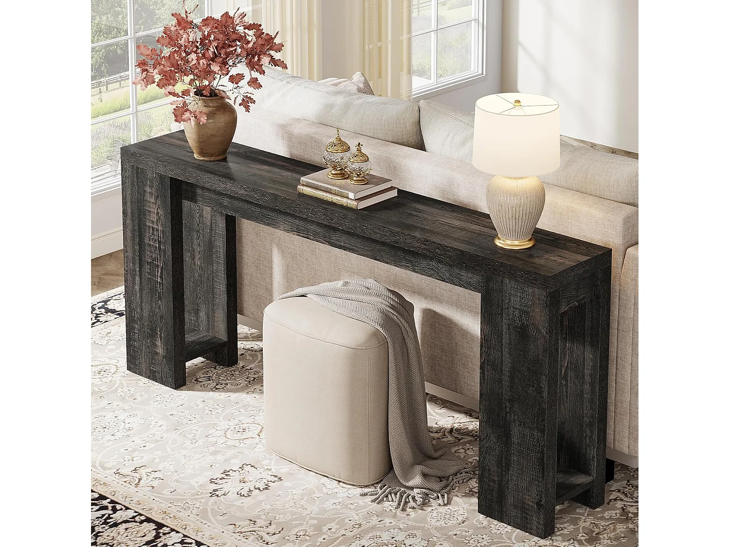 Mesa consola extra larga de 160 cm, mesa de sofá rústica detrás del sofá negra