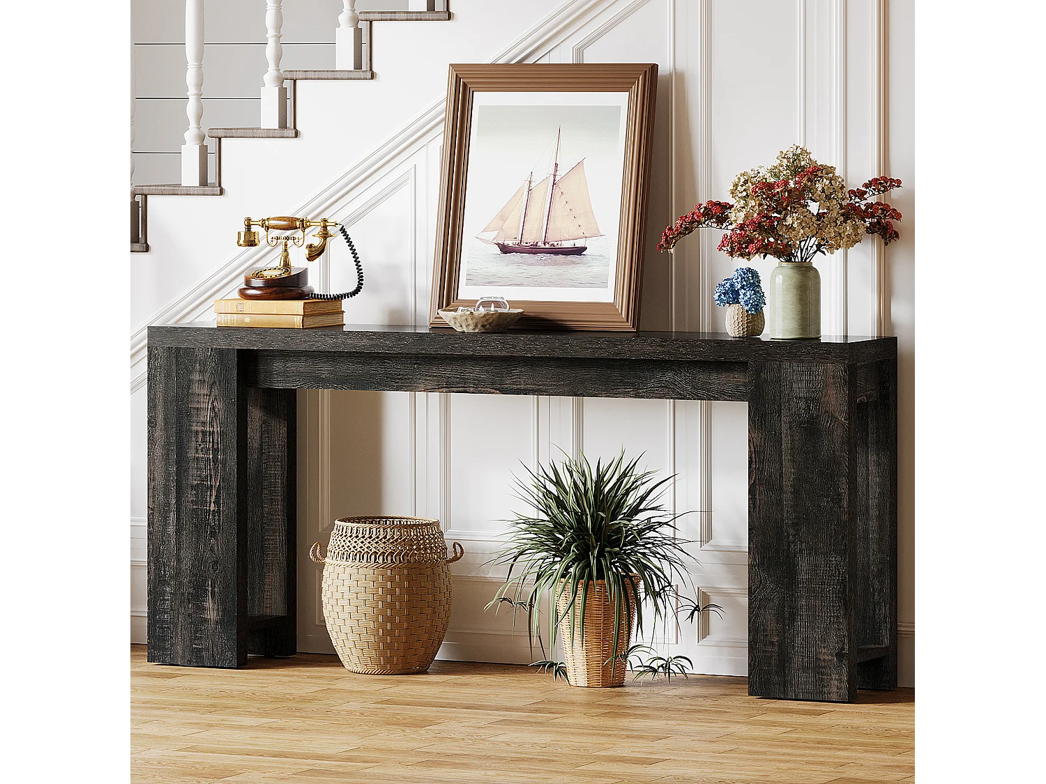 Mesa consola extra larga de 160 cm, mesa de sofá rústica detrás del sofá negra