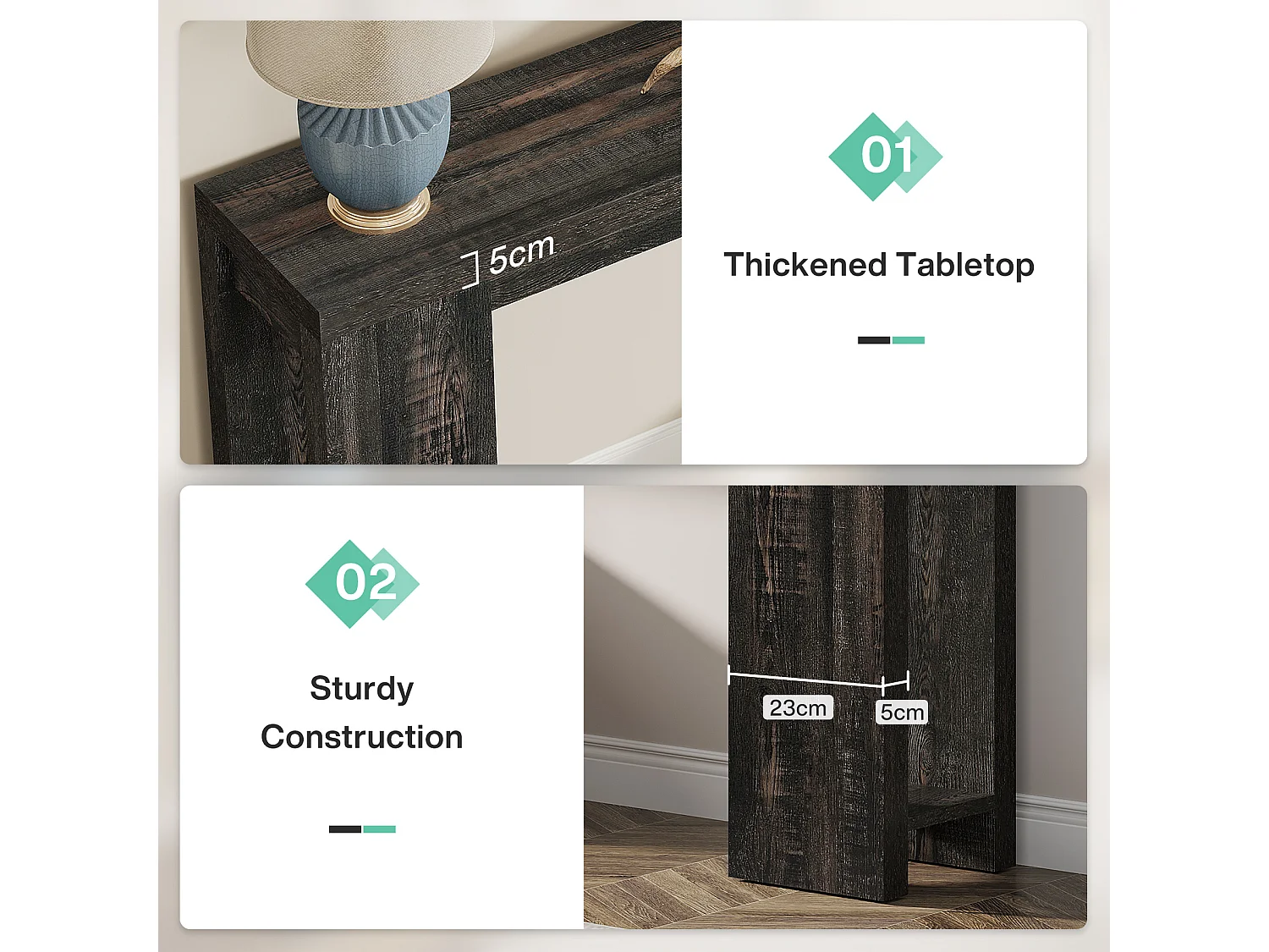 Mesa consola extra larga de 160 cm, mesa de sofá rústica detrás del sofá negra