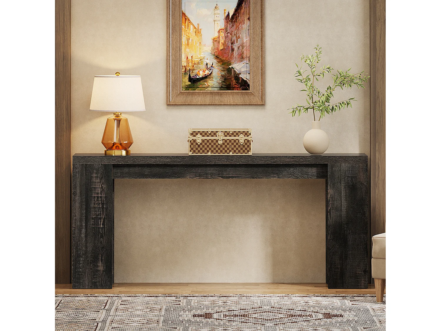 Mesa consola extra larga de 160 cm, mesa de sofá rústica detrás del sofá negra