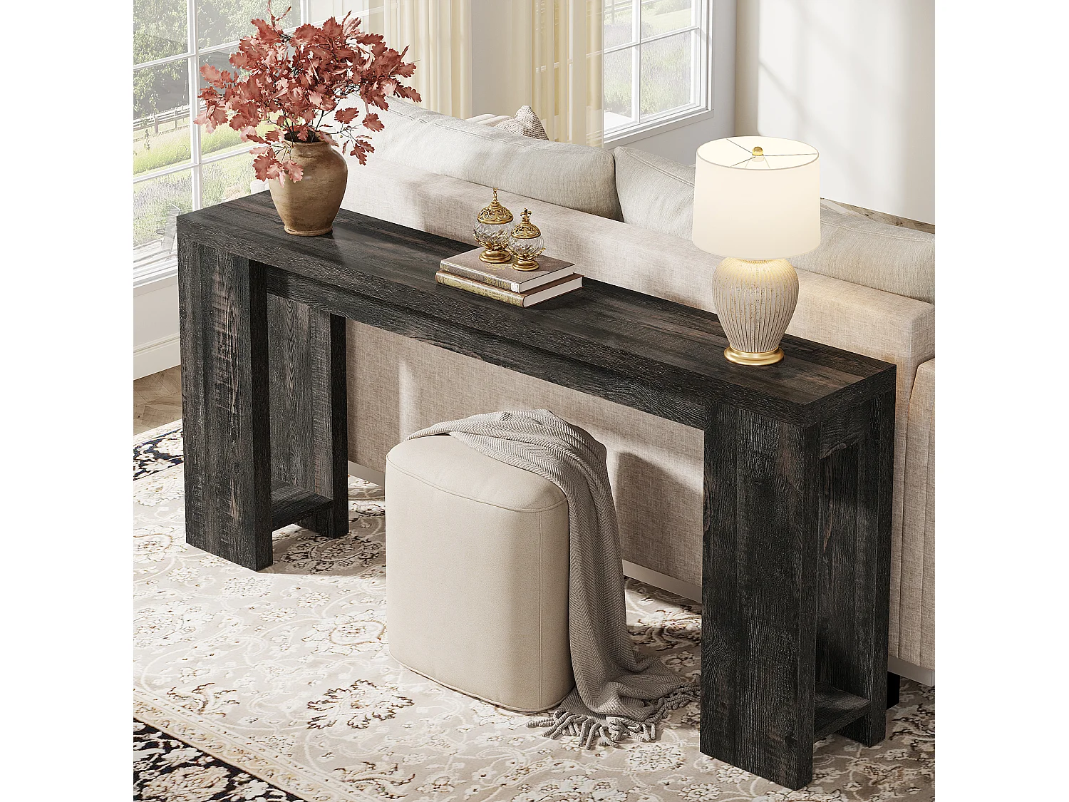Mesa consola extra larga de 160 cm, mesa de sofá rústica detrás del sofá negra